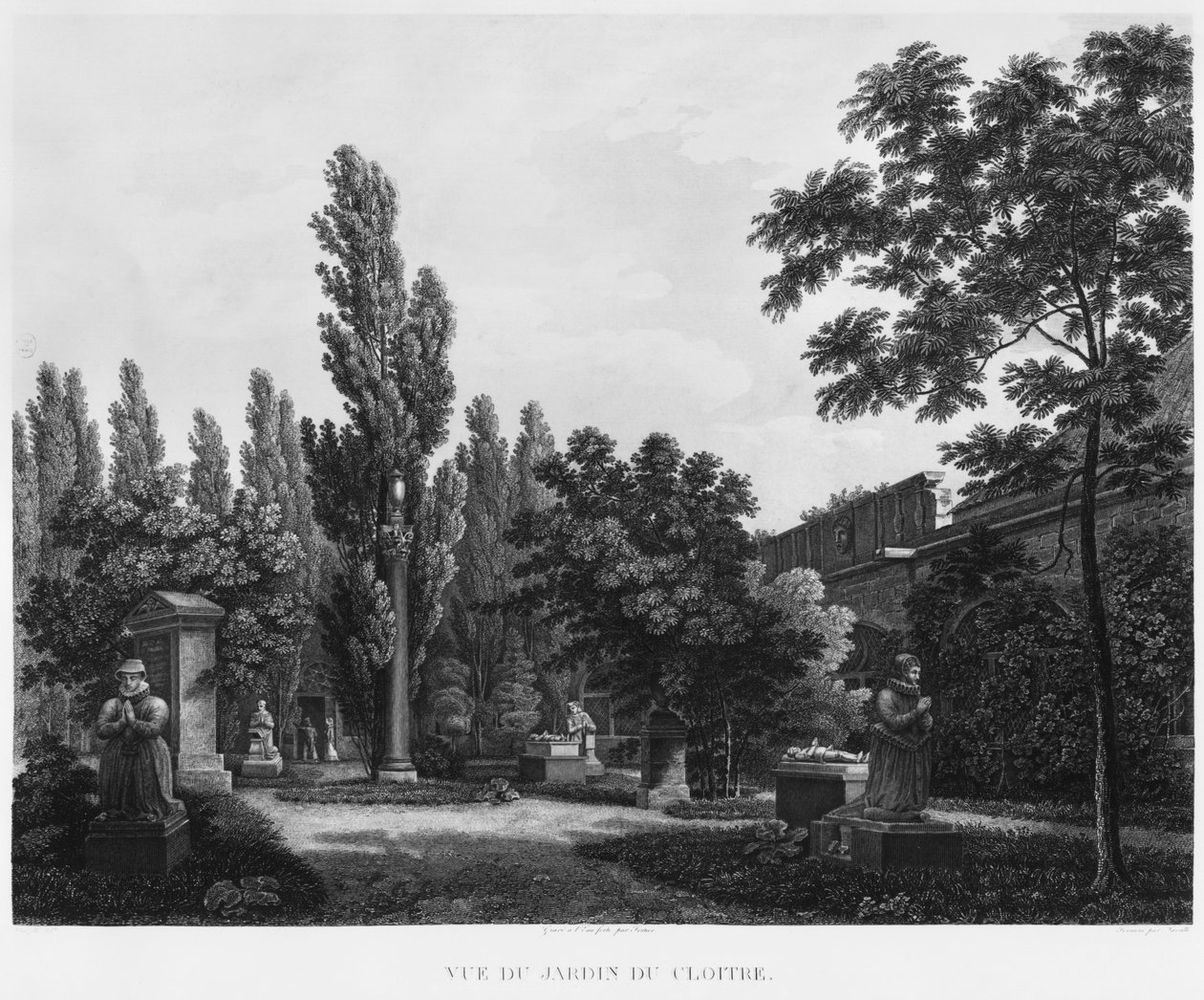 Jardim do claustro, Museu dos monumentos franceses, Paris, ilustração de &39;vistas pitorescas e perspectivas dos quartos do Museu dos monumentos franceses e as principais obras ...&39;, gravada por de Jean Lubin Vauzelle