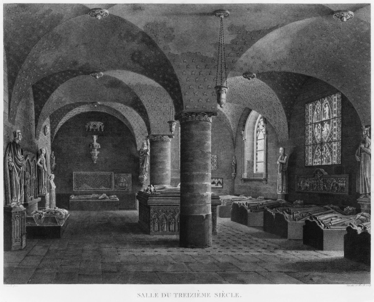 A sala do século 13, Museu de monumentos franceses, Paris, ilustração de &39;vistas pitorescas e perspectivas dos quartos do Museu de monumentos franceses e as principais obras ...&39;, gravada por de Jean Lubin Vauzelle