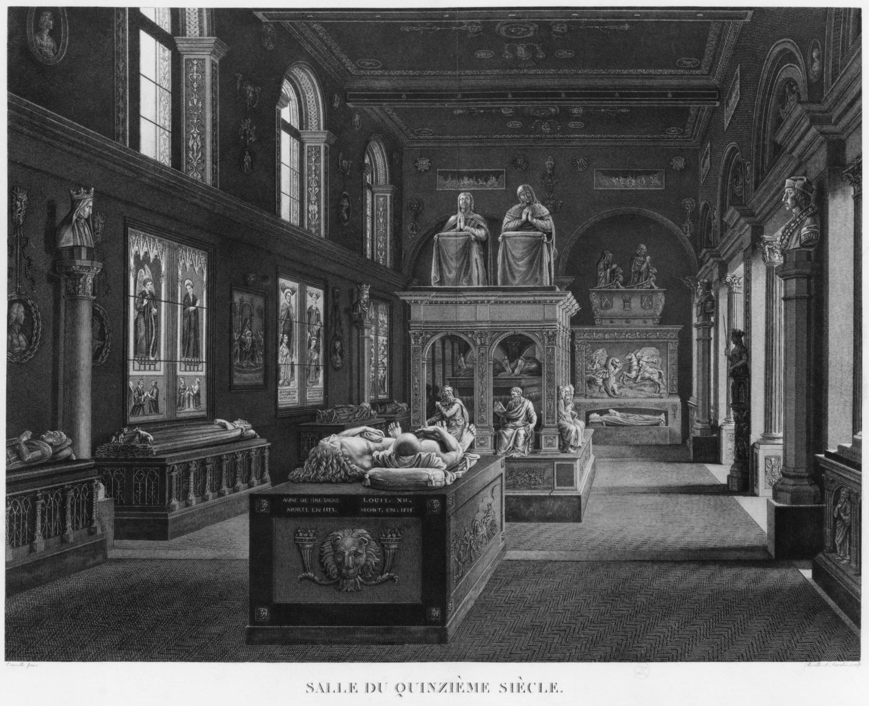 A sala do século XV, Museu dos monumentos franceses, Paris, ilustração de &39;vistas pitorescas e perspectivas dos quartos do Museu dos monumentos franceses e as principais obras ...&39;, gravada por de Jean Lubin Vauzelle