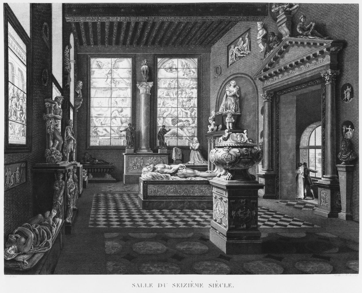 A sala do século XVI, o Museu dos Monumentos Franceses, Paris, ilustração de "vistas pitorescas e perspectivas dos quartos do Museu dos Monumentos Franceses e as principais obras ...", gravada por de Jean Lubin Vauzelle