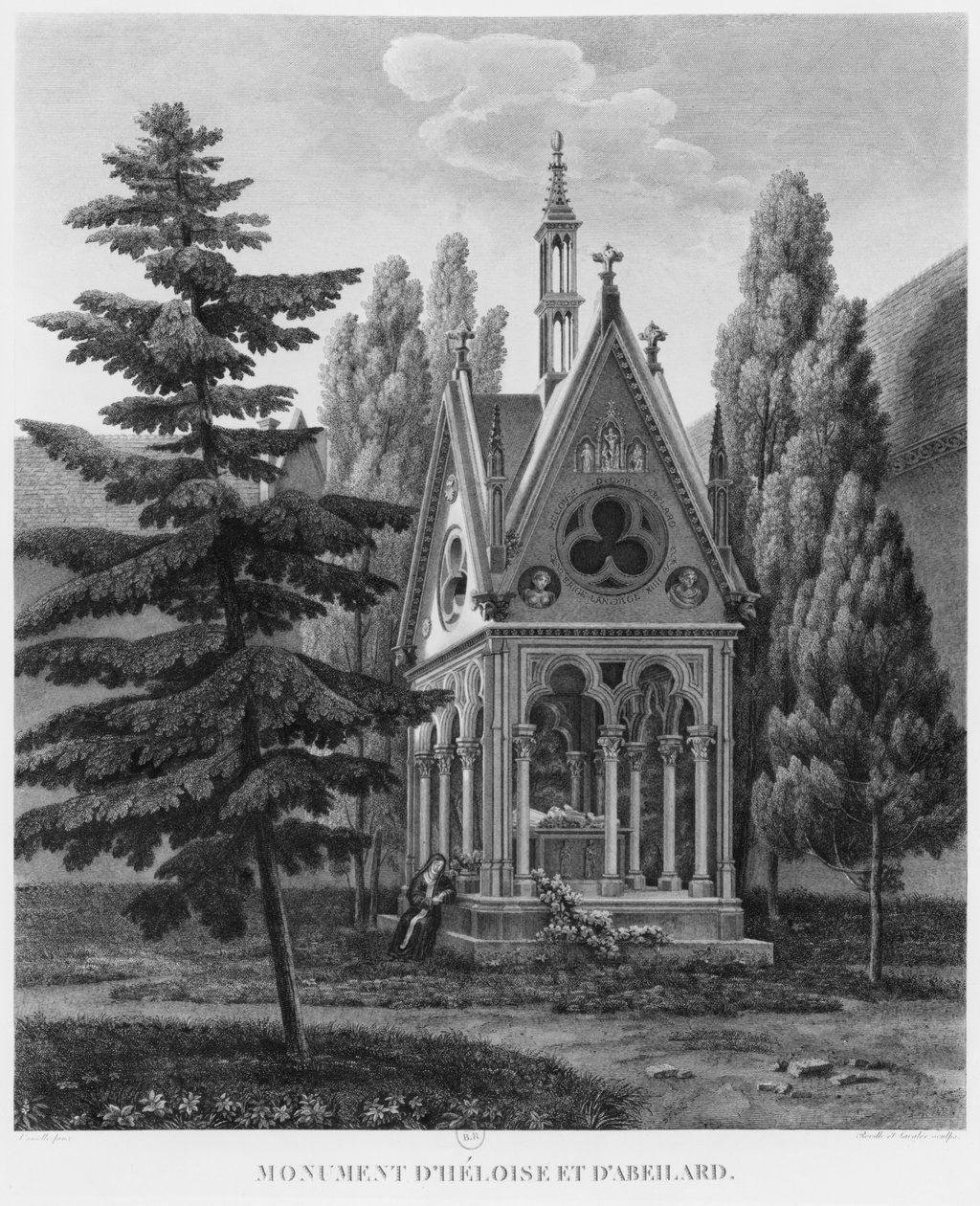 Túmulo de Heloísa e Abelardo, Museu dos Monumentos Franceses, ilustração de &39;Pitorescas vistas e perspectivas dos quartos do Museu dos Monumentos Franceses e das principais obras ...&39;, gravada por J de Jean Lubin Vauzelle