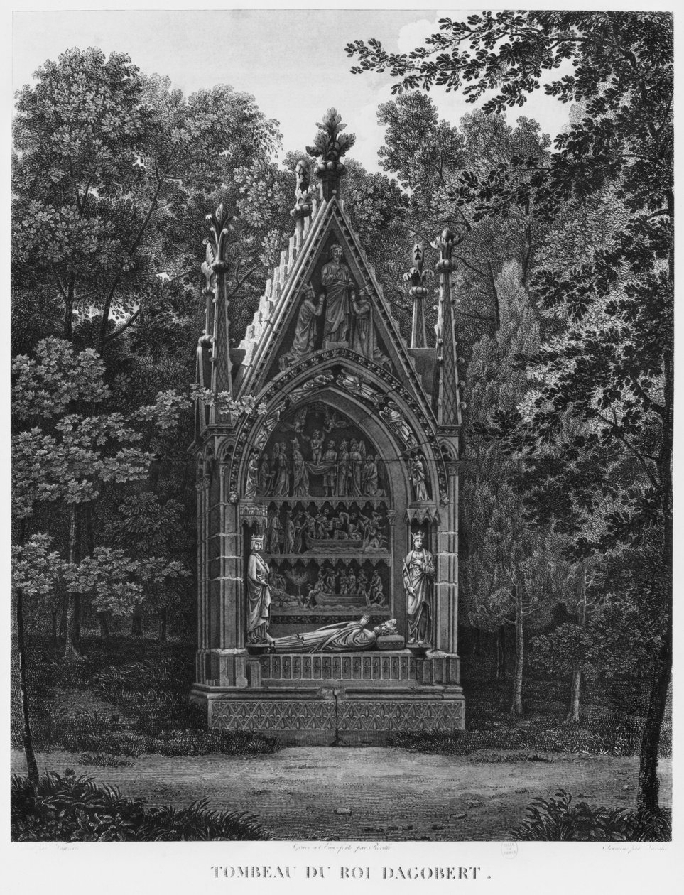 Túmulo do rei Dagobert, Museu de monumentos franceses, Paris, ilustração de &39;vistas pitorescas e perspectivas dos quartos do Museu dos monumentos franceses e as principais obras ...&39;, gravada por de Jean Lubin Vauzelle