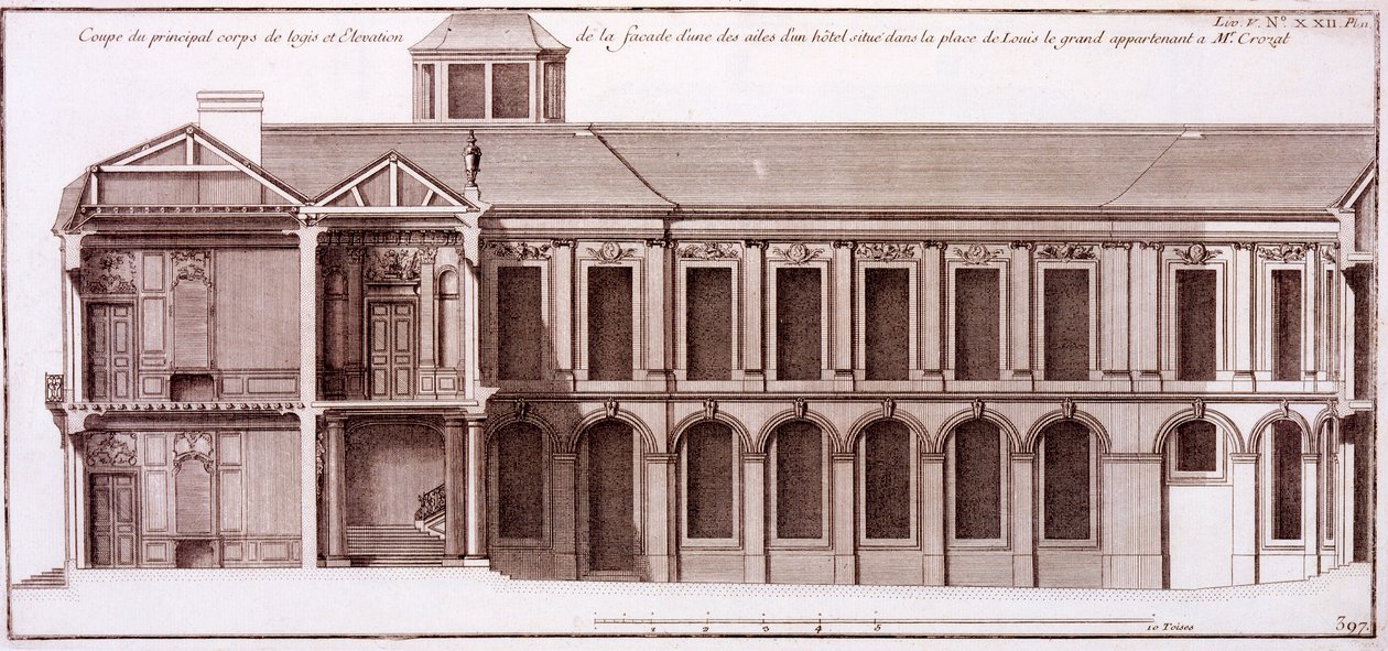 Fachada de parte da casa do Sr. Crozat, Louis the Great Square, Paris, de &39;Architecture Françoise&39; de Jacques-François Blondel, 1727 de Jean Mariette