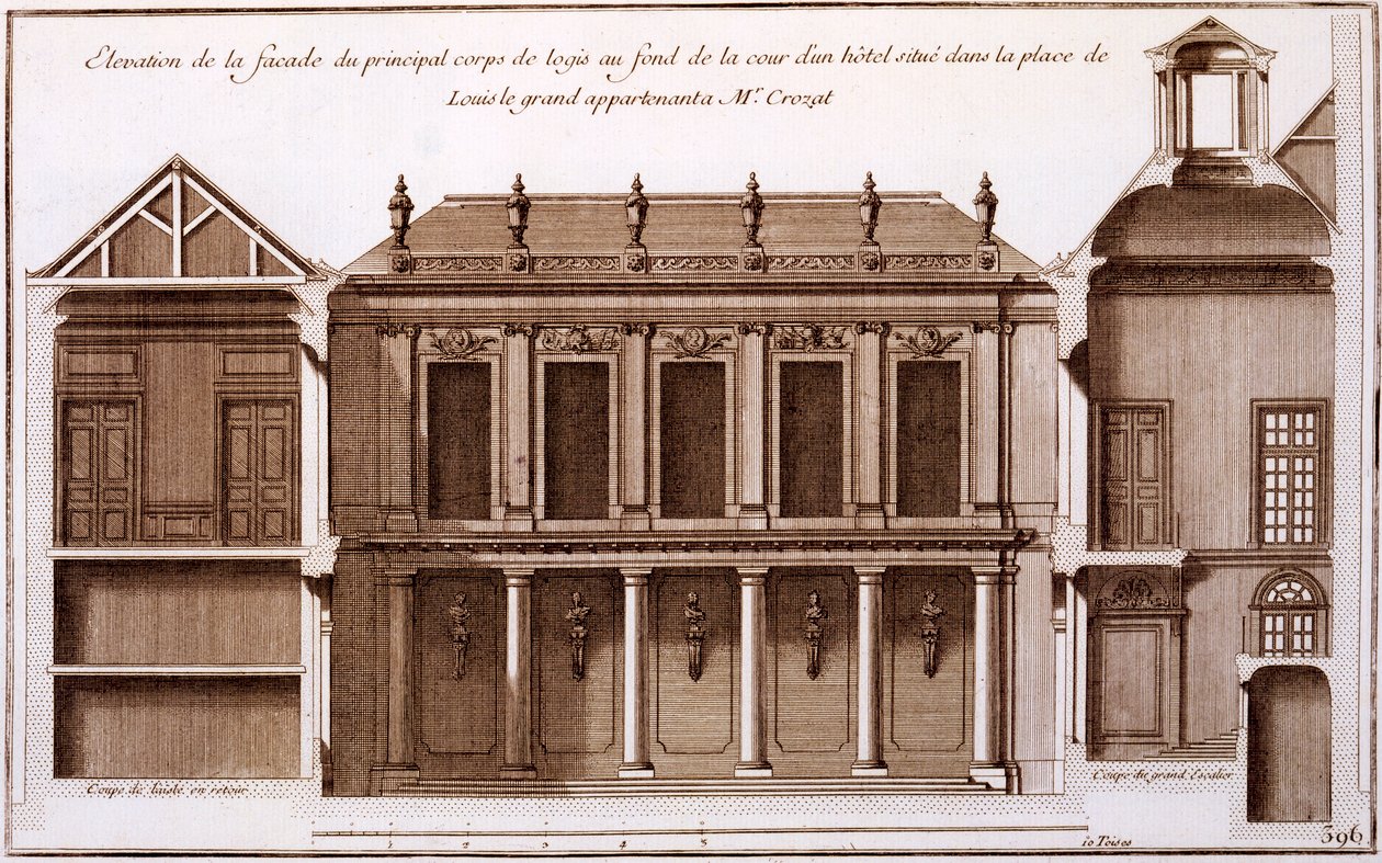 Fachada de parte da casa do Sr. Crozat, Louis the Great Square, Paris, de &39;Architecture Françoise&39; de Jacques-François Blondel, 1727 de Jean Mariette