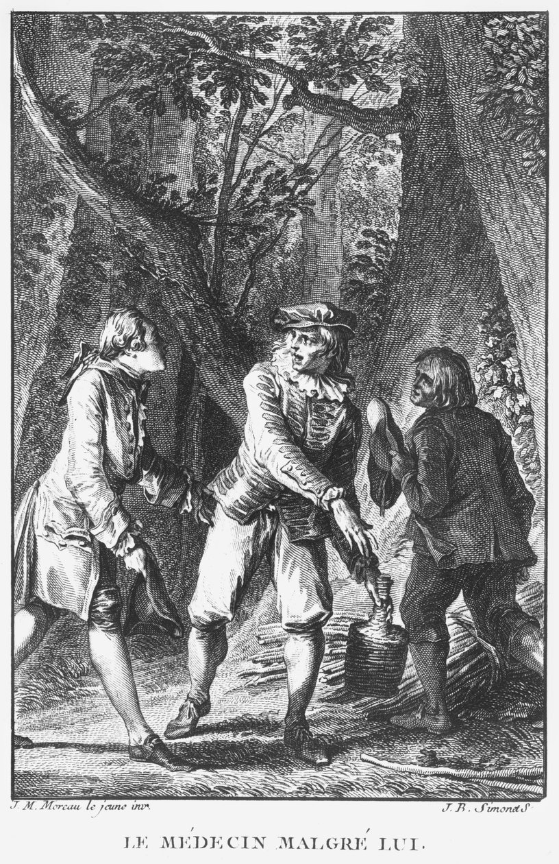Ilustração de "O médico apesar de si mesmo" (1666) por Jean-Baptiste Poquelin conhecido como Molière (1622-1673) gravado por Jean Baptiste Simonet (1742-1813) de Jean Michel the Younger Moreau