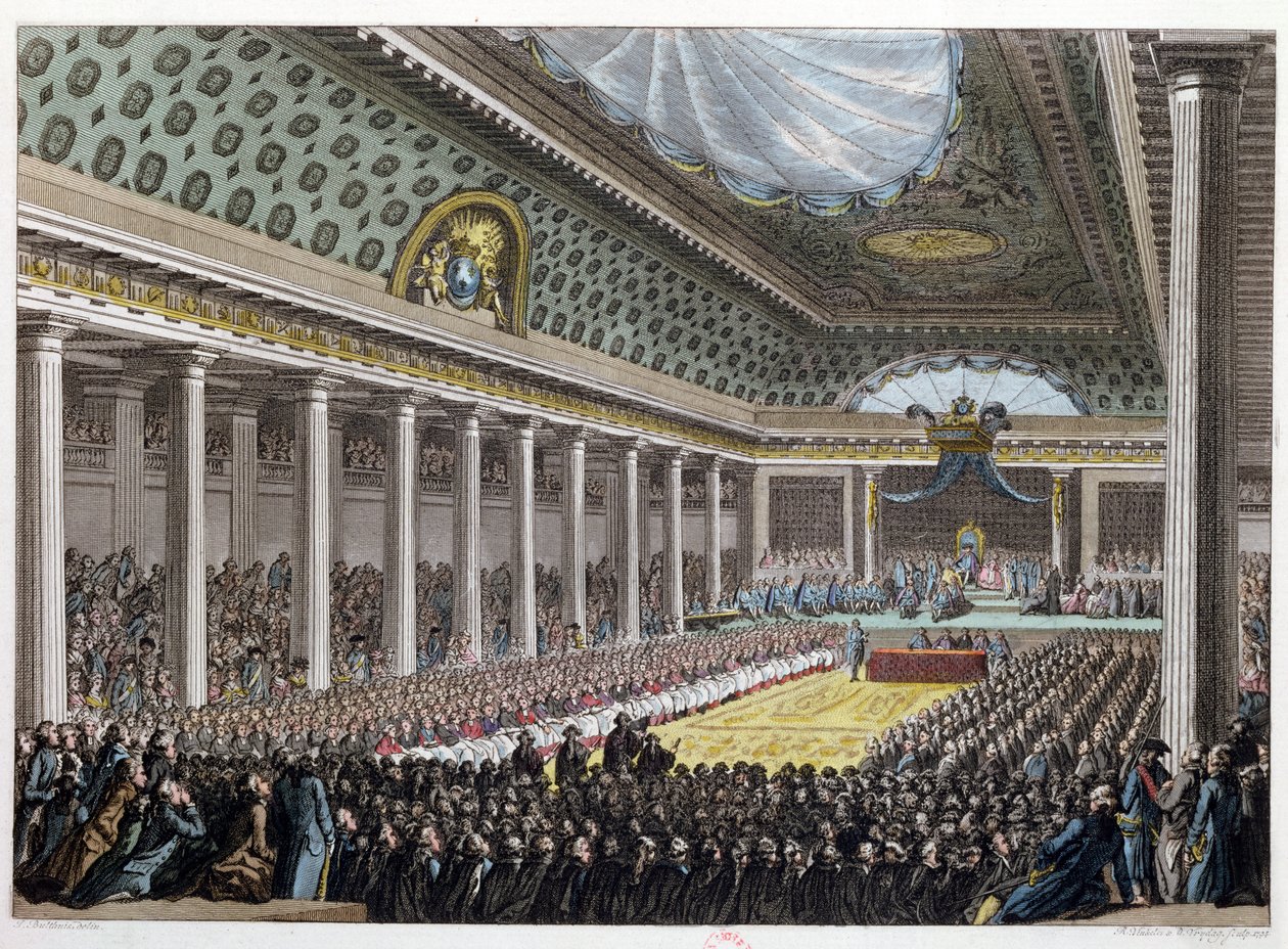 Abertura das Propriedades Gerais em Versalhes, 5 de maio de 1789, das "Mesas Históricas da Revolução Francesa" de Jean Michel the Younger Moreau