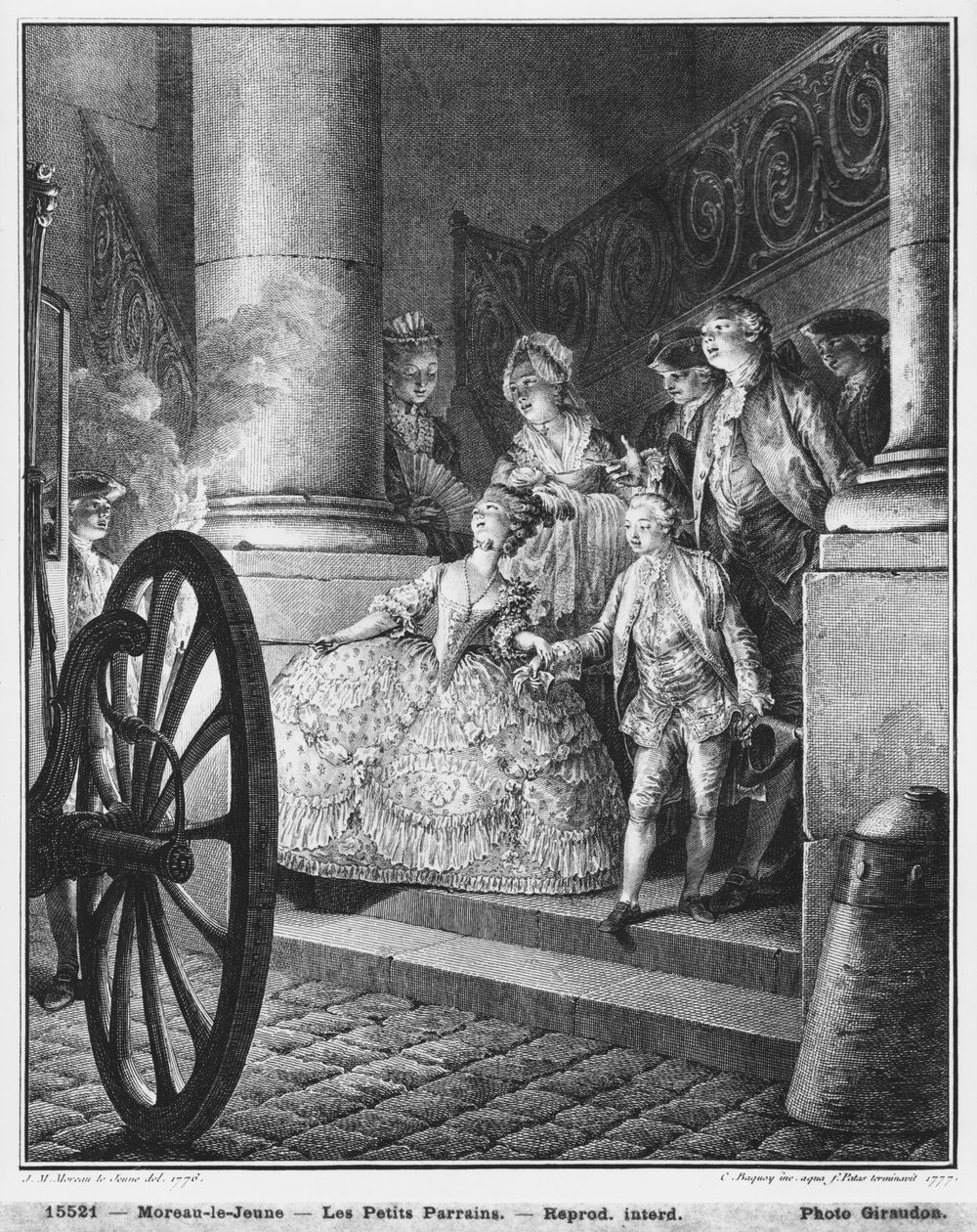O Pequeno Padrinho, 1776, gravado em 1777 por Pierre Charles Baquoy (1759-1829) e Charles Emmanuel Patas (1744-1802) de Jean Michel the Younger Moreau