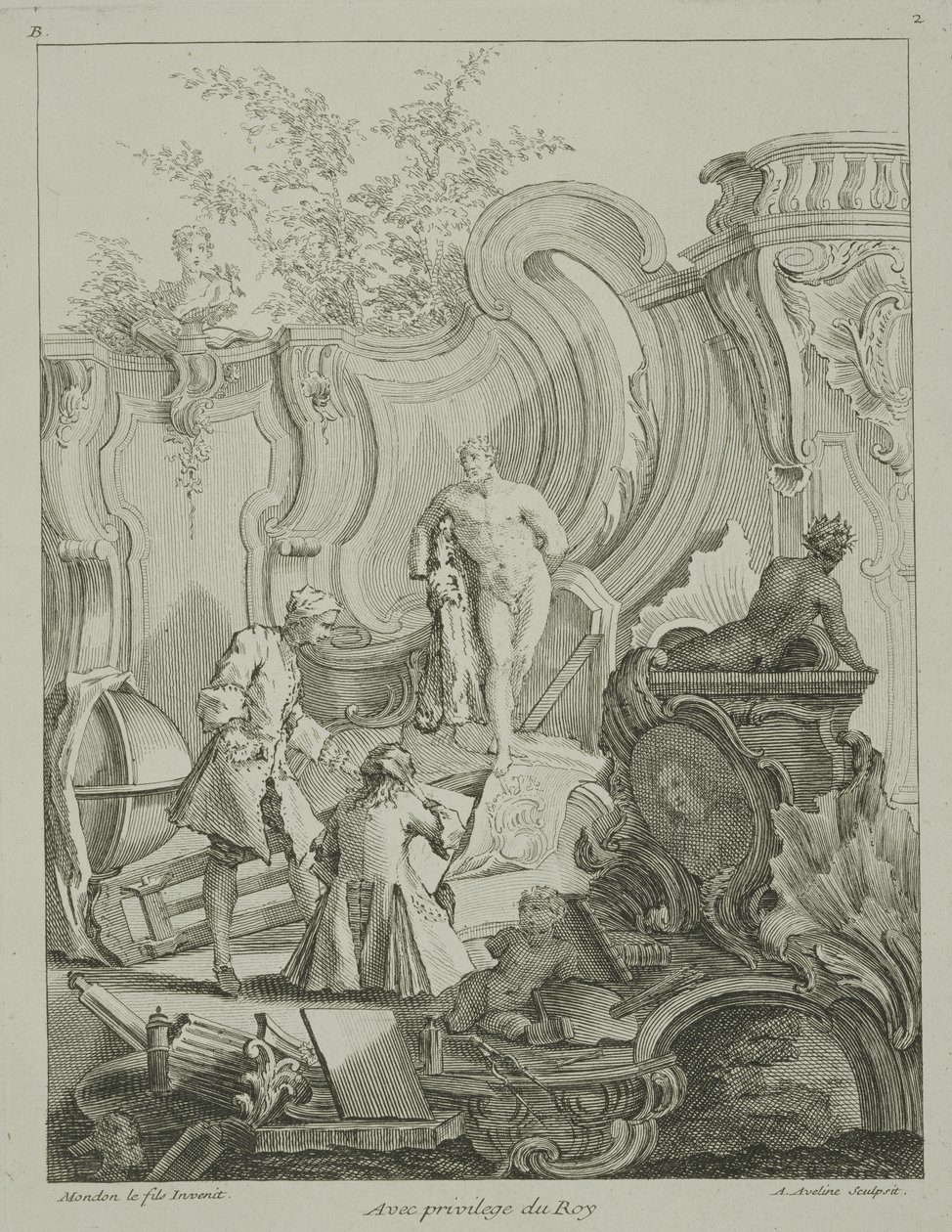 Artesãos trabalhando em projetos, de &39;Rococo Ornament&39;, gravado por Antoine Aveline (1691-1743), publicado em 1736-49 de Jean Mondon