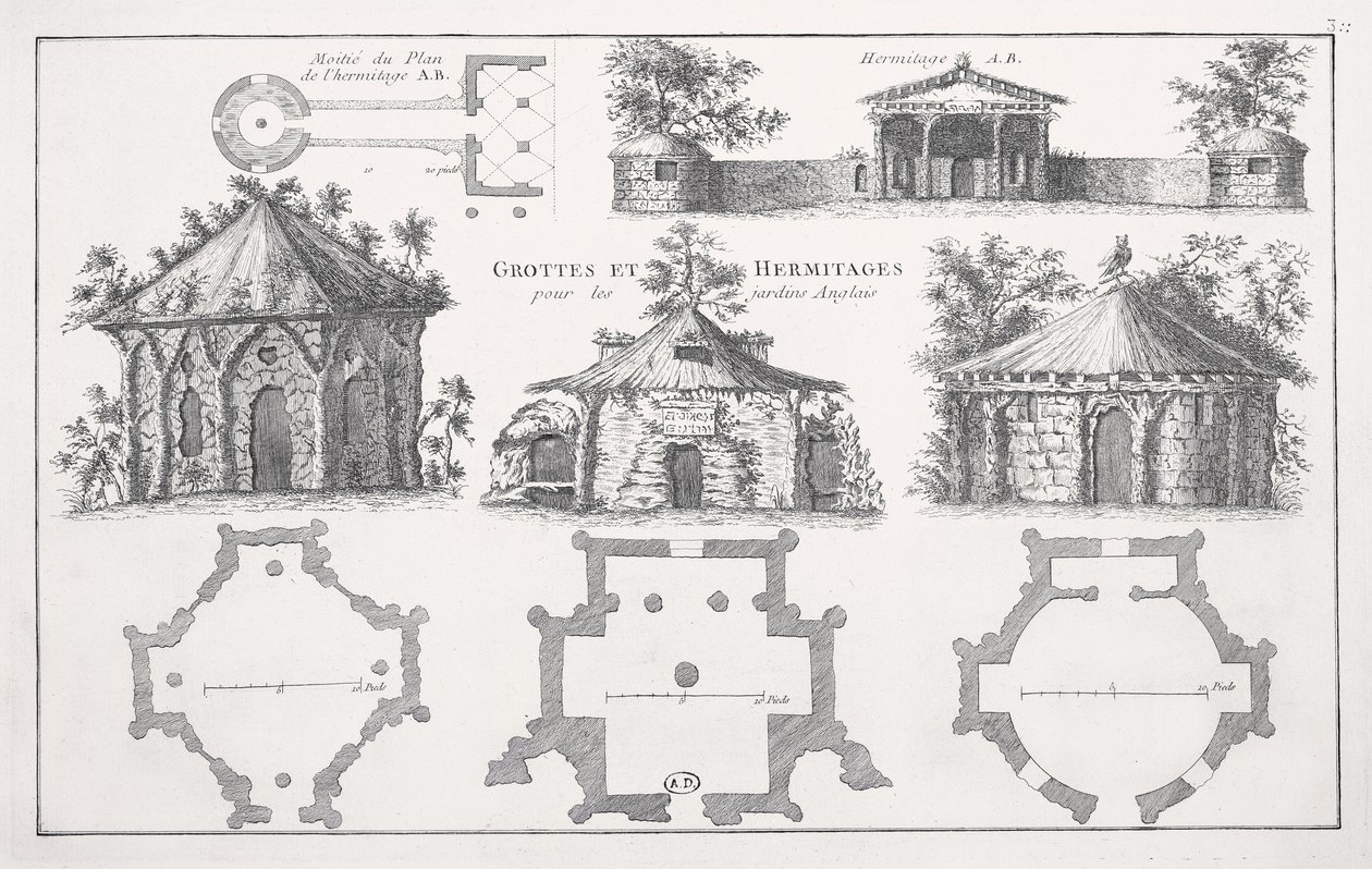 Desenhos para grutas e eremitas em jardins ingleses de Jean Nicolas Le Rouge