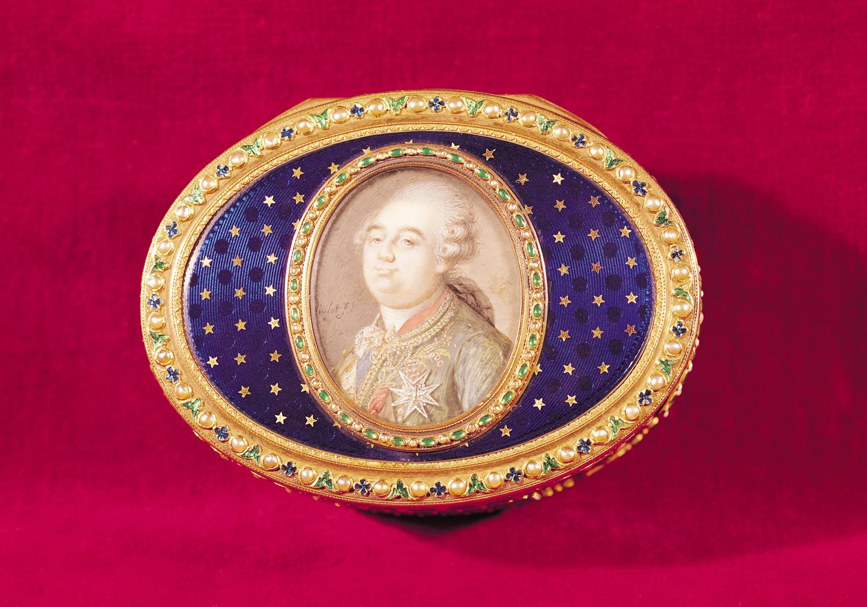 Caixa de rapé com um retrato em miniatura de Louis XVI (1754-93) em marfim por Pierre Noel Violet (1749-1819) 1780 (ouro, esmalte, pérolas e esmeraldas) de Jean Nicolas Meuniere