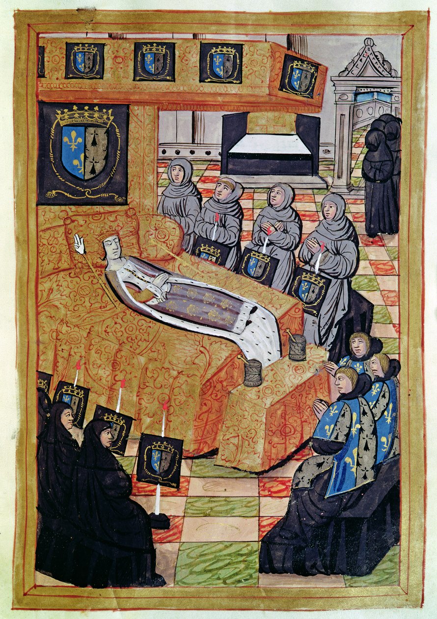 Fol.12r A Duquesa Rainha em seu leito de morte, da Conta do Funeral de Ana da Bretanha (1477-1514) 1515 de Jean Perreal