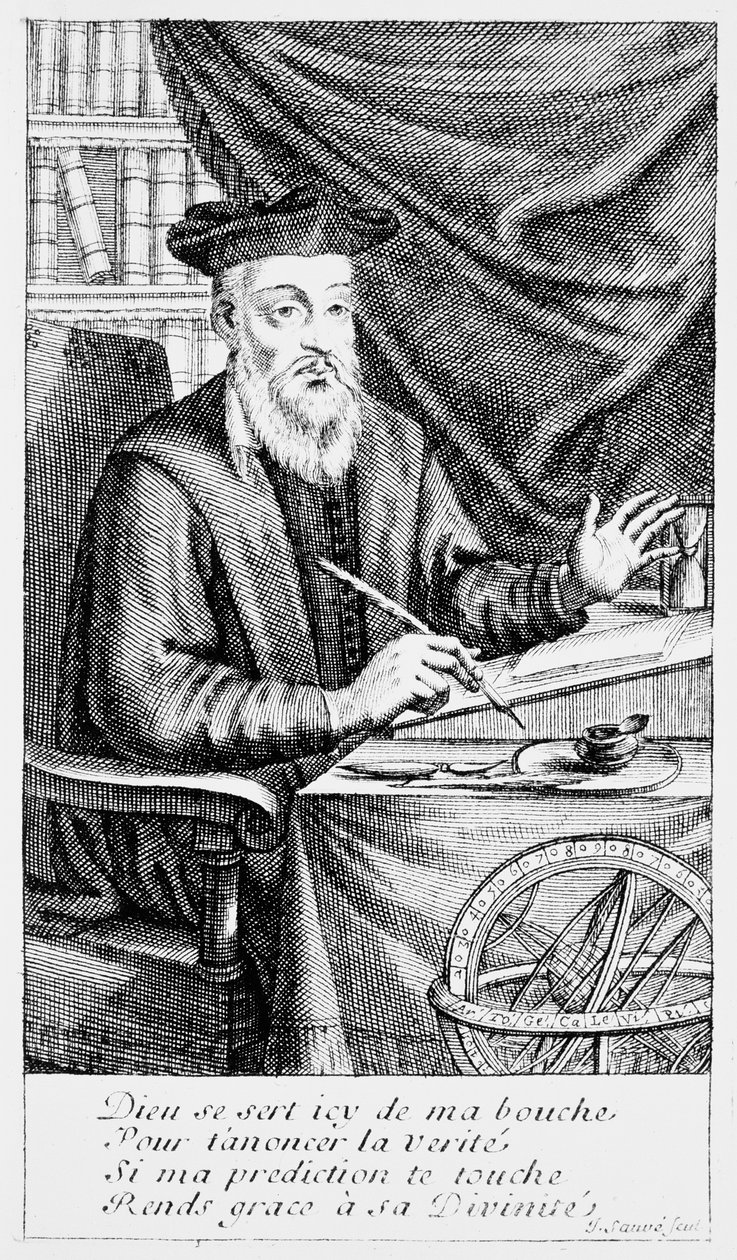 Nostradamus escrevendo suas profecias (gravura bw) de Jean Sauvé