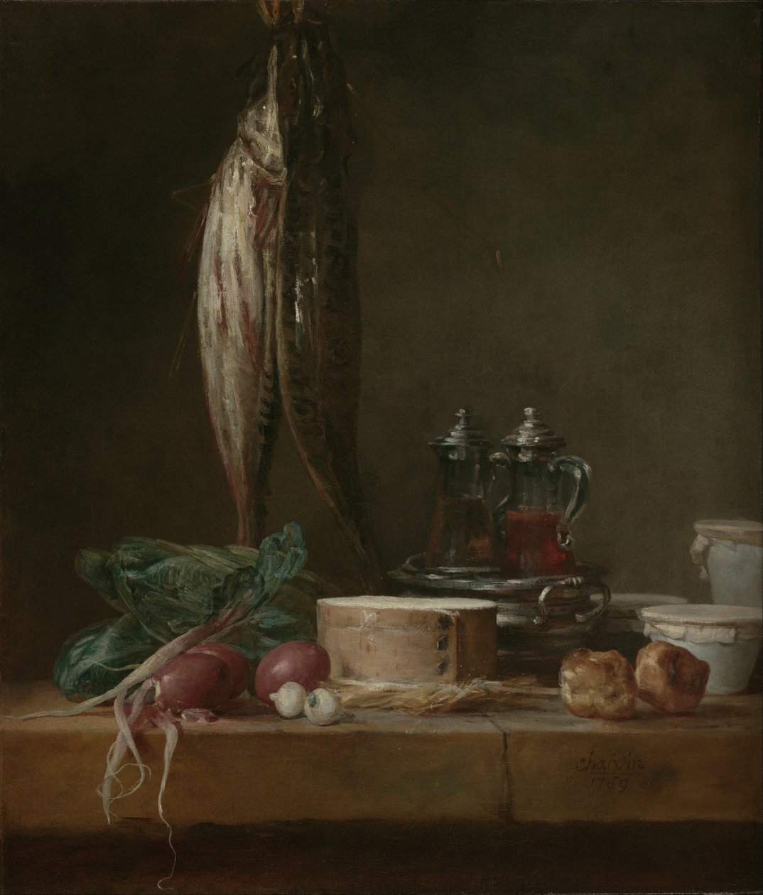 Ainda vida com peixe, legumes, Gougères, panelas e cruets em uma tabela de Jean Baptiste Simeon Chardin