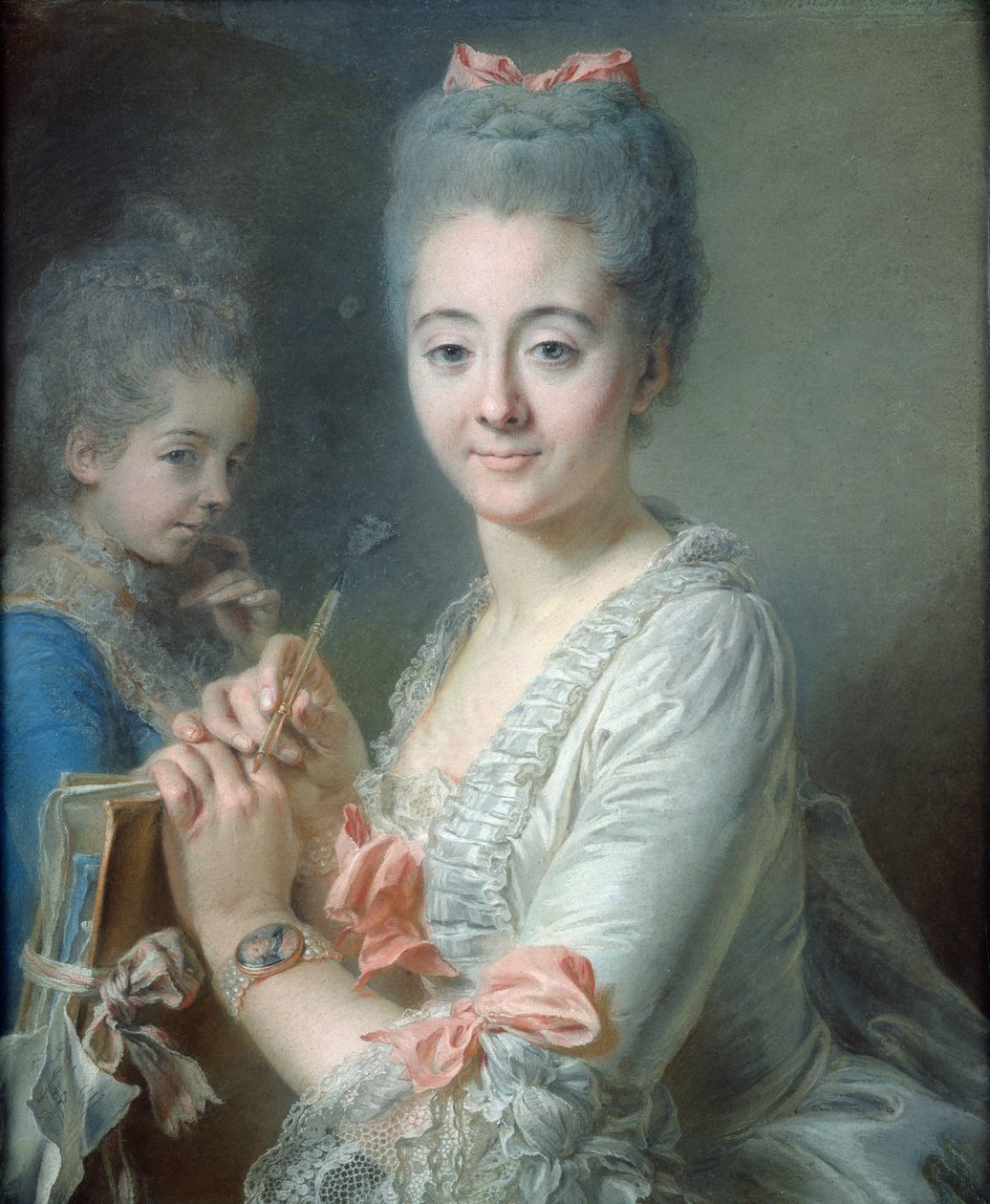 Madame Theodore Lacroix Desenhando um Retrato de sua Filha, Suzanne Felicite (pastel sobre papel) de Jean Valade