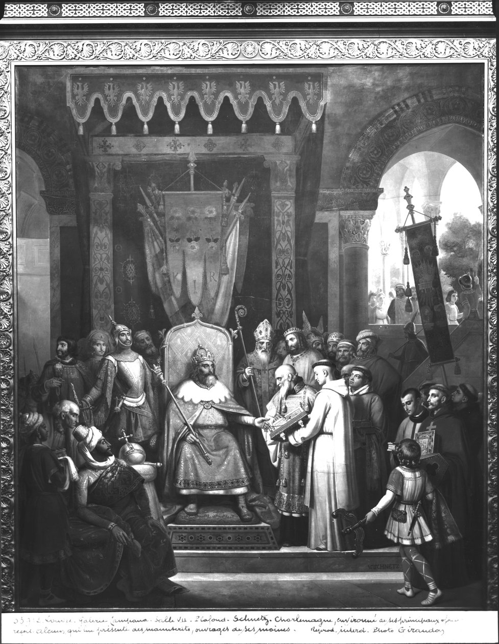 Imperador Carlos Magno (747-814) Cercado por seus principais oficiais, recebendo Alcuíno (c.735-804) que está apresentando alguns manuscritos feitos por seus monges de Jean Victor Schnetz