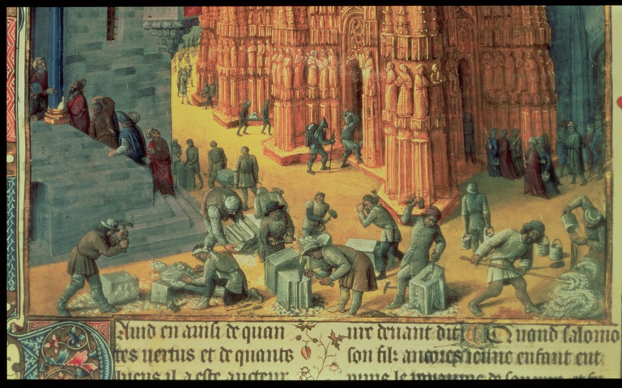 Fr 847 f.153 O Edifício do Templo de Jerusalém, detalhe mostrando pedreiros no trabalho, ilustração de &39;Antiquites Judaiques&39;, c.1470-76 de Jean Fouquet