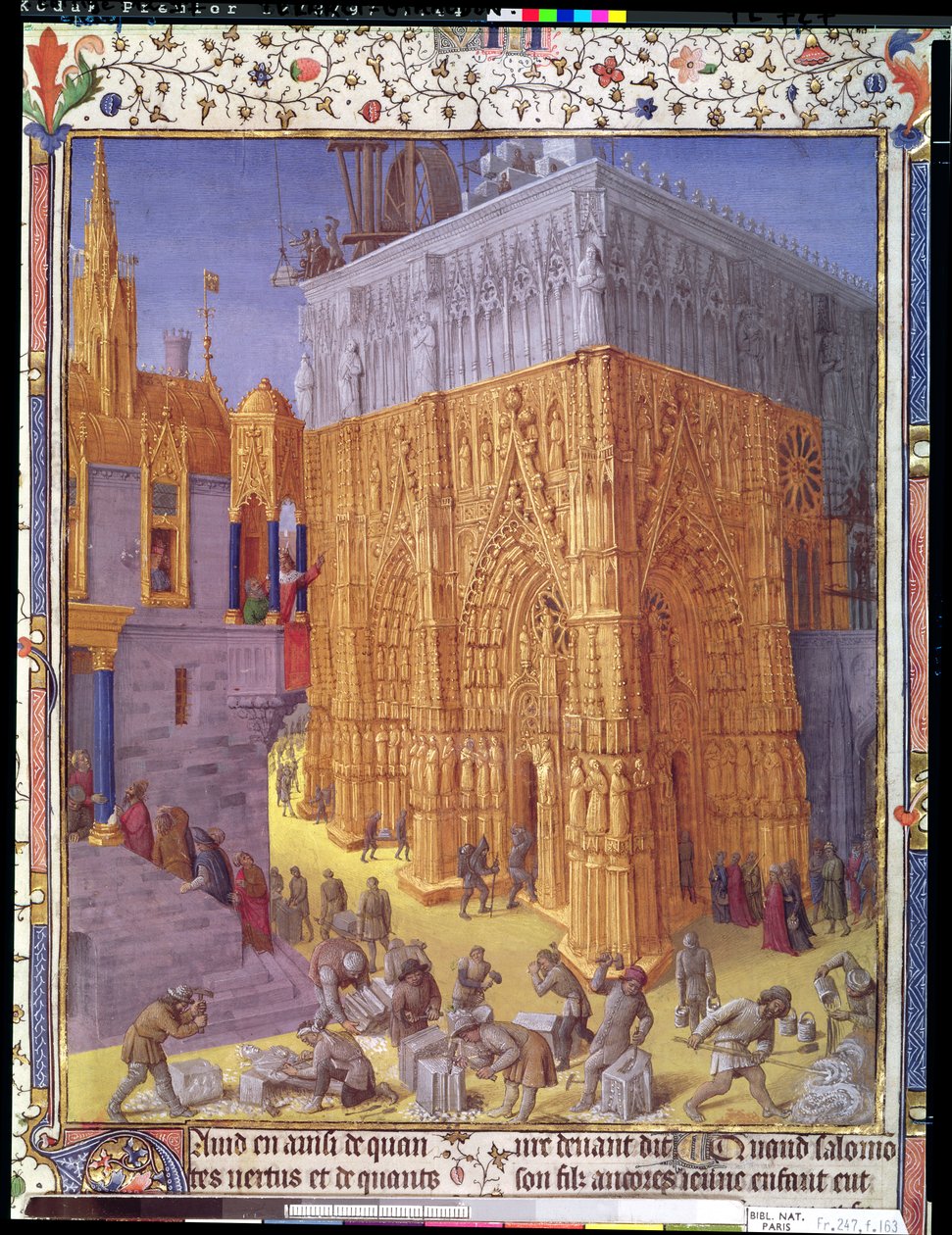 Sra. Pe 247 f.153v Construção do Templo de Jerusalém, ilustração de &39;Antiquites Judaiques&39;, c.1470 de Jean Fouquet