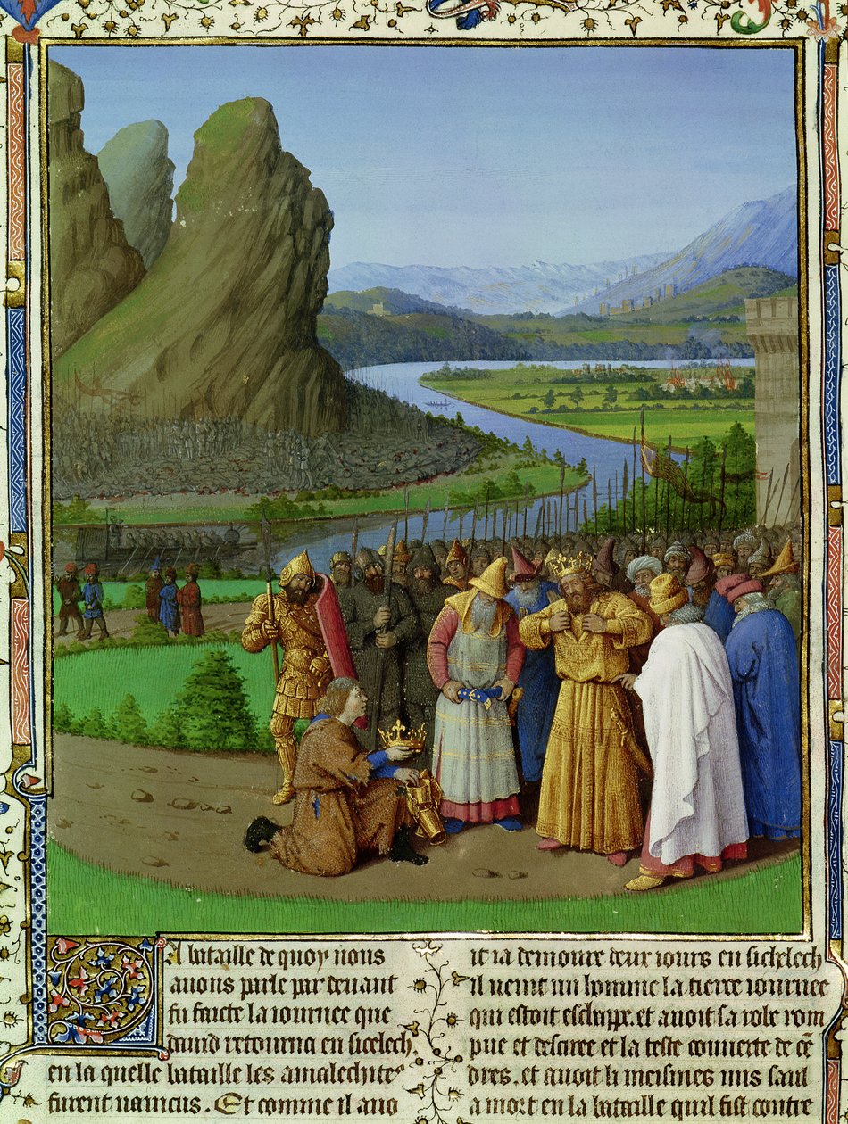 Fr. Pe. 247 fol.135 David Aprendendo a Morte de Saul, ilustração de &39;Antiquites Judaiques&39;, c.1470 de Jean Fouquet