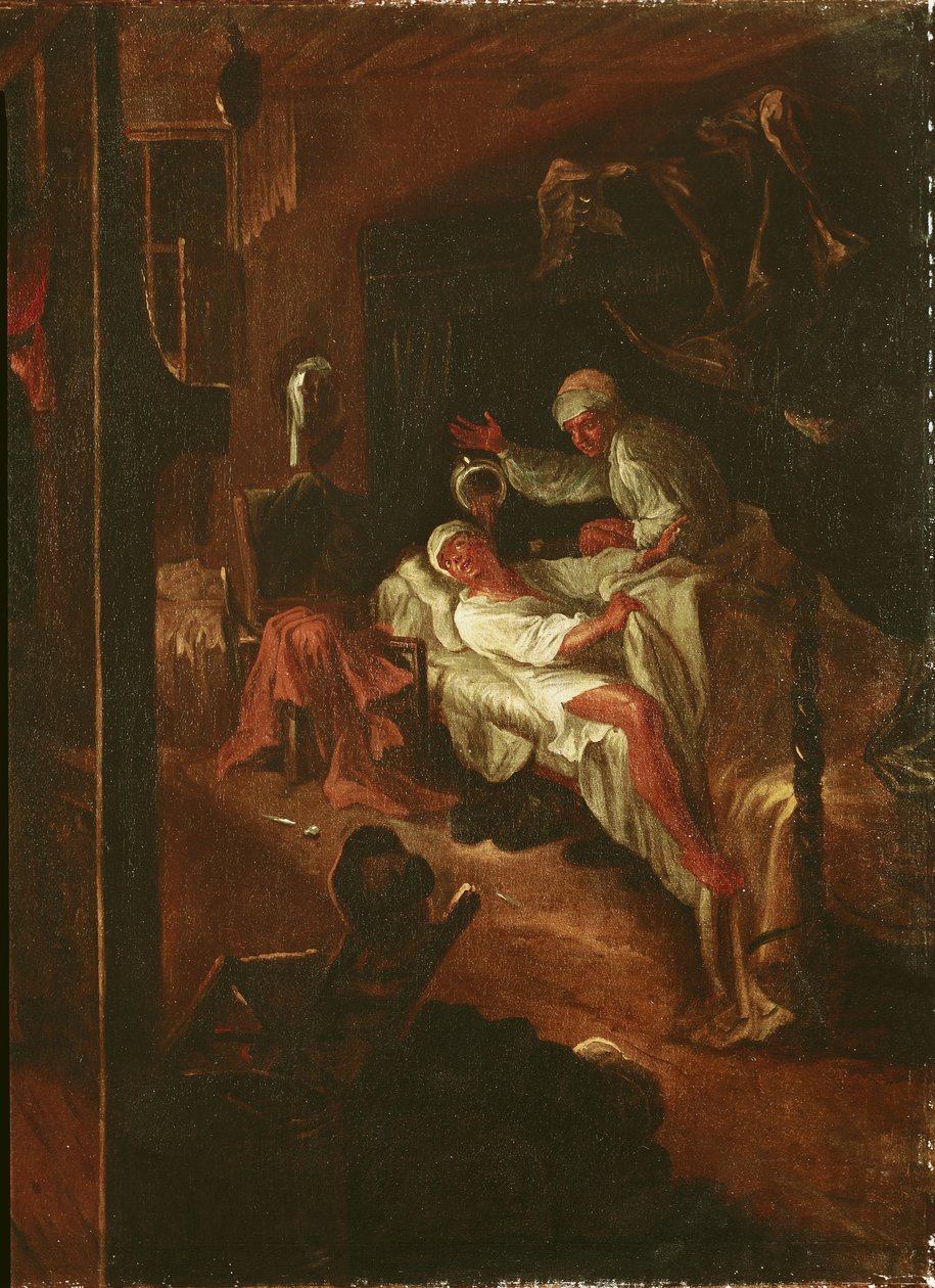 La Rancune Maliciosamente Derrama seu Pote de Câmara sobre o Mercador do Bas-Maine, de &39;Roman Comique&39; de Paul Scarron (1610-1660) 1712-16 de Jean de Coulom
