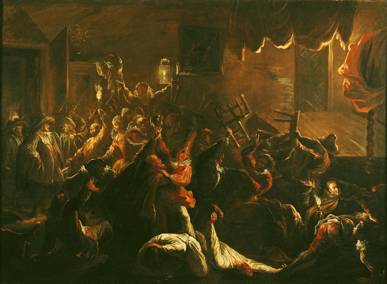 A aflição de La Tripotiere em seu mobiliário quebrado, de &39;Roman Comique&39; por Paul Scarron (1610-1660) 1712-16 de Jean de Coulom