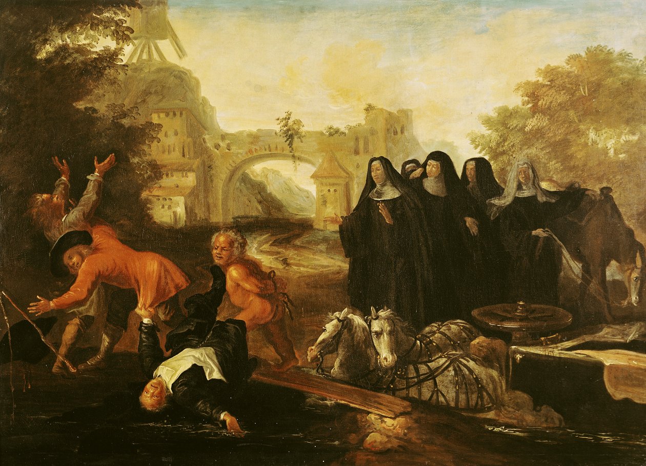 A abadessa de Etival que retorna a Le Mans com quatro freiras, de &39;Roman Comique&39; por Paul Scarron (1610-1660) 1712-16 de Jean de Coulom