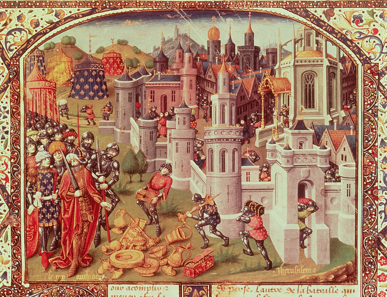 Fr.20124 f.331 O saque de Jerusalém após a captura pelos cristãos em 1099, iluminada em miniatura a partir de uma crônica universal, 1440 de Jean de Courcy