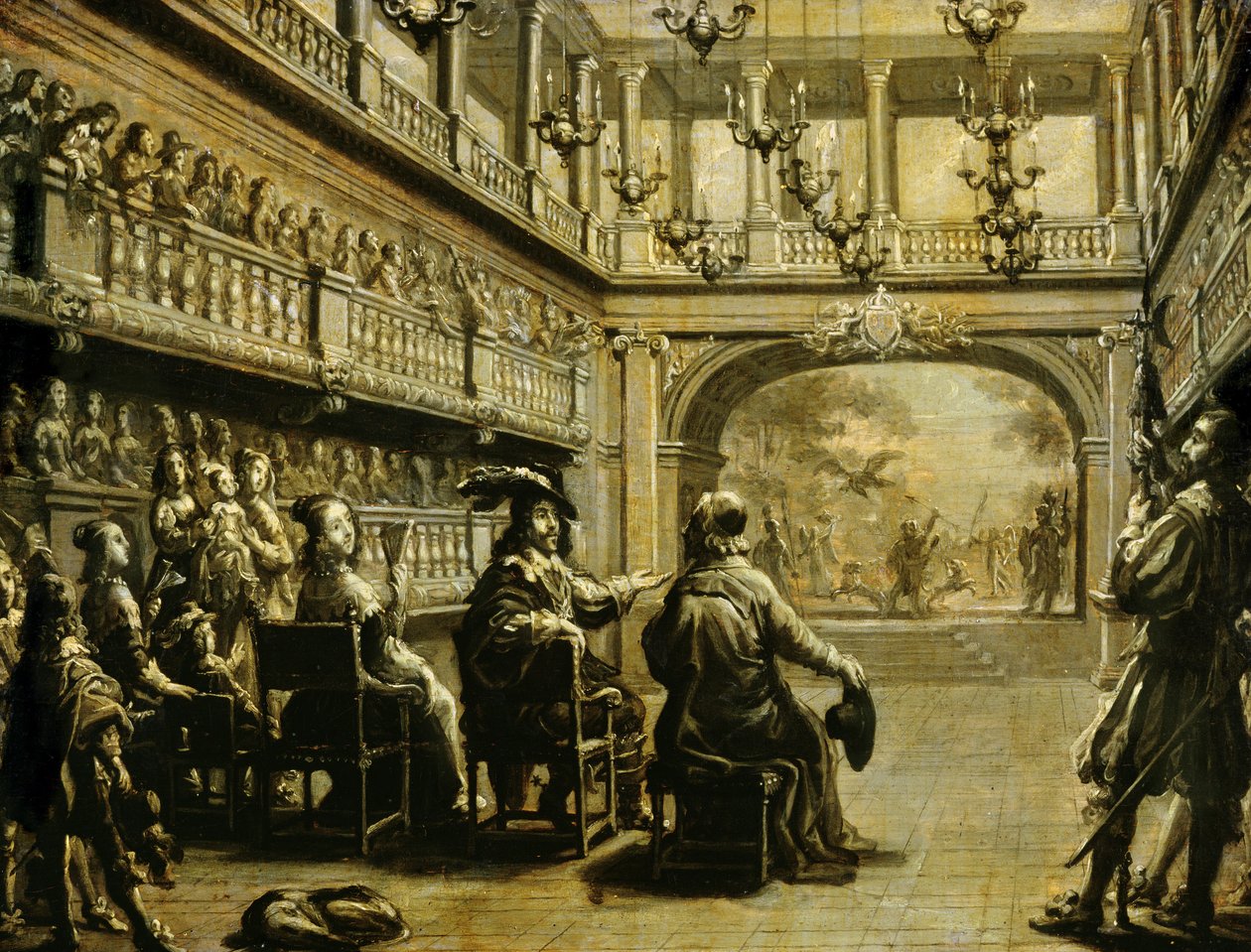 Luís XIII (1601-43) Ana da Áustria (1601-1666) e o Cardeal Richelieu (1585-1642) na produção de &39;Mirame&39;, peça de J. Desmarest de Saint-Sorlin, no Palais Cardinal (hoje Palais Royal Paris de Jean de Saint Igny