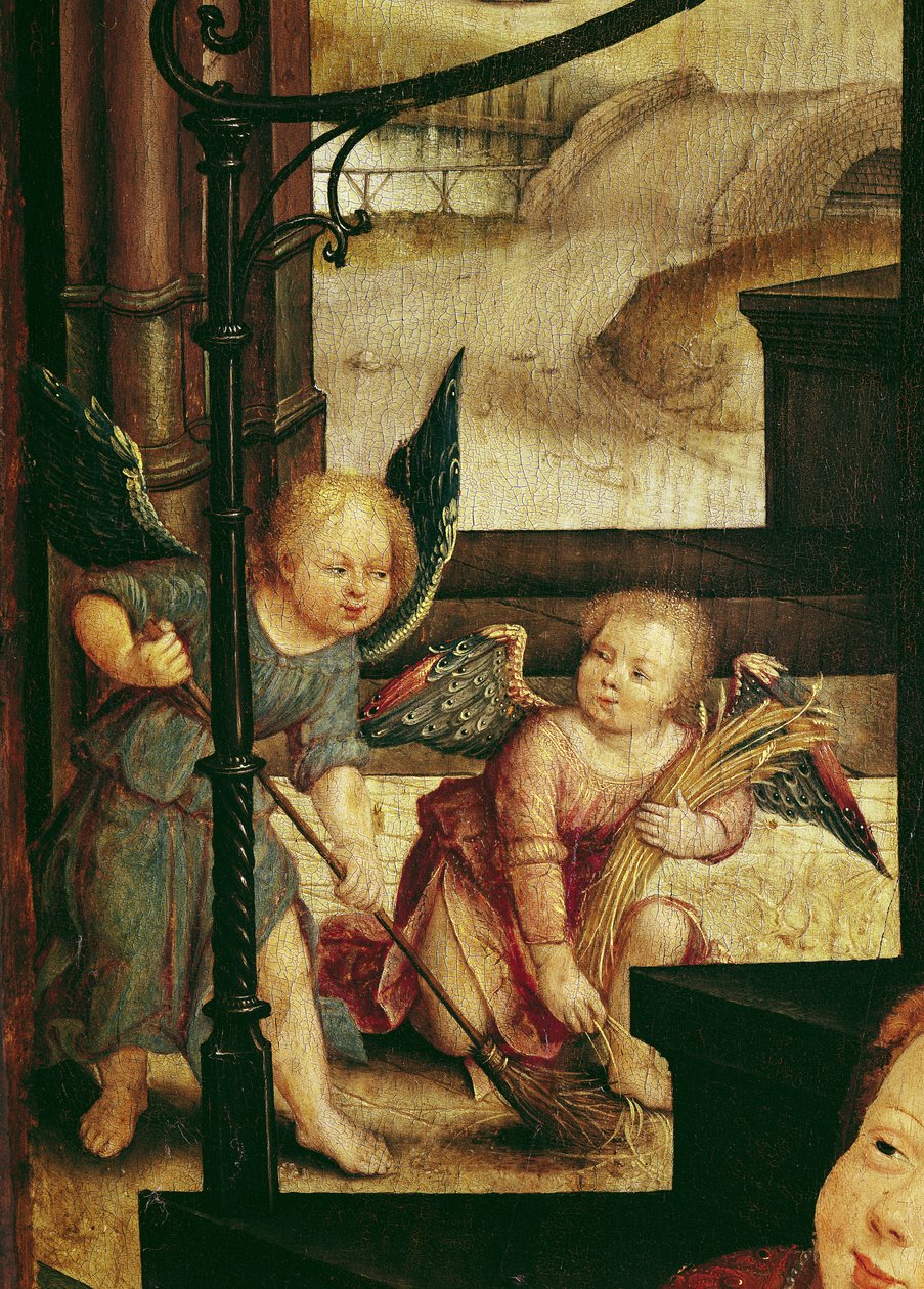 Tríptico da Adoração da Criança, detalhe de dois anjos varrendo do painel da direita, 1529 de Jean the Elder Bellegambe