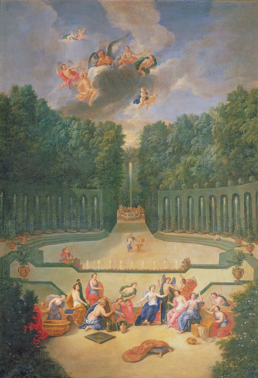 Os bosques de Versalhes. Vista do anfiteatro e do teatro aquático com Vênus rodeado pelas horas na presença de Urano de Jean the Younger Cotelle