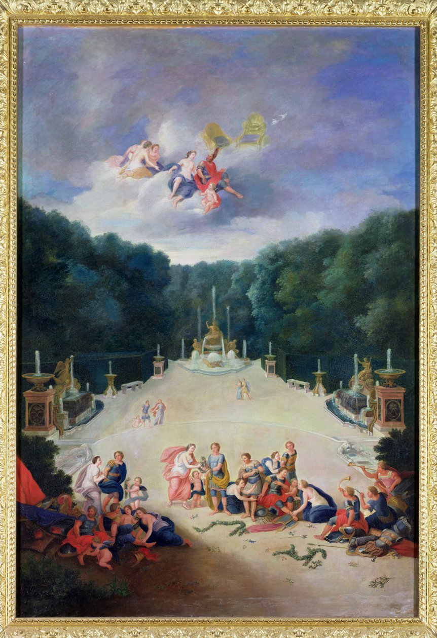 Os bosques de Versalhes. Vista do Arco do Triunfo e da França Triunfante com Ninfas Encadeando os Cativos antes de Vênus e Marte, 1688 de Jean the Younger Cotelle