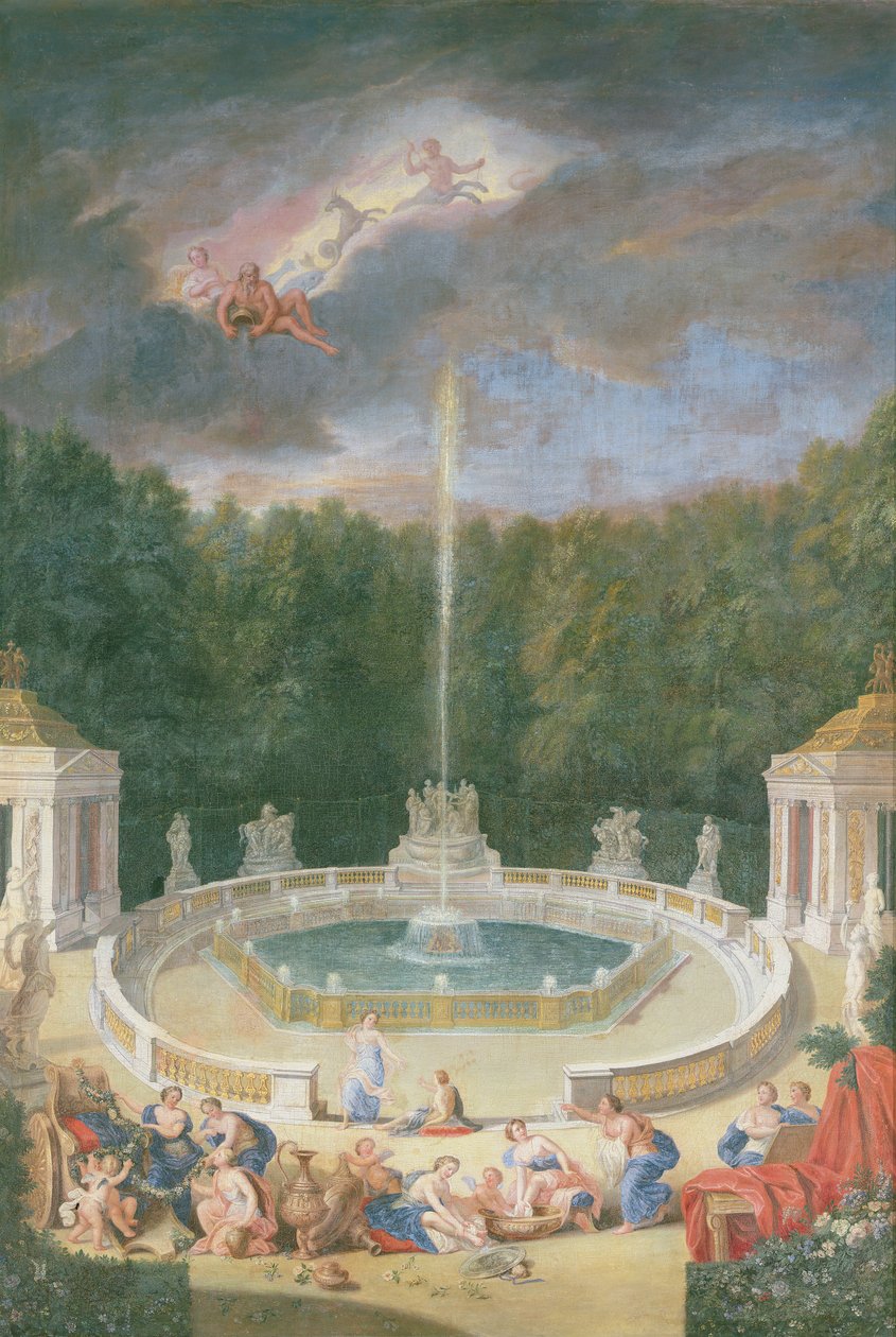Os bosques de Versalhes. Vista, de, a, bosque, de, cúpulas, com, ninfas, decorando, a, carruagem, de, apollo, com, flores de Jean the Younger Cotelle