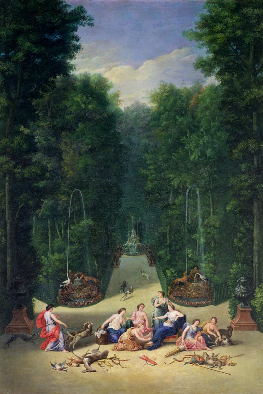 Os bosques de Versalhes: Vista do labirinto com Diana e suas ninfas, 1688 de Jean the Younger Cotelle