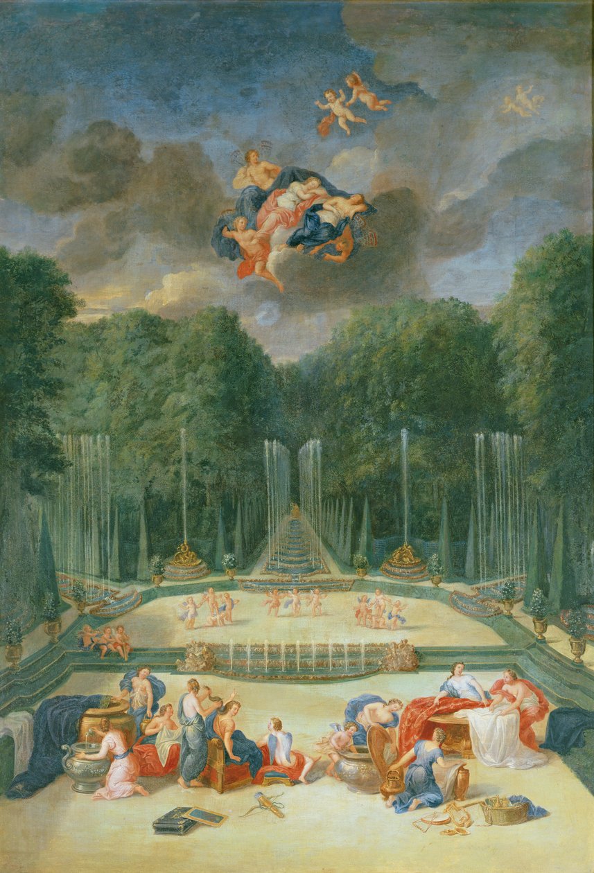 Os bosques de Versalhes. Vista do teatro de água com ninfas esperando para receber Psique de Jean the Younger Cotelle