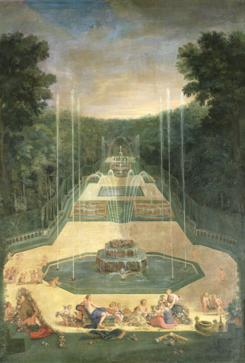 Os bosques de Versalhes. Vista, de, a, três fontes, com, venus, e, querubins, prática, com, arcos, e, setas, 1688 de Jean the Younger Cotelle