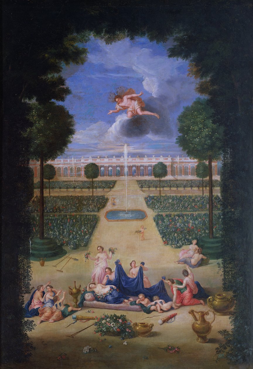 Os bosques de Versalhes. Vista dos parterres de Trianon com Flora e Zéfiro de Jean the Younger Cotelle