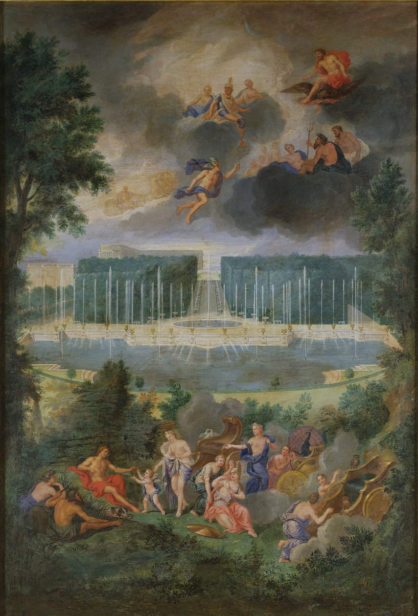 Os bosques de Versalhes. Vista da piscina de Netuno e passarela com o julgamento de Paris de Jean the Younger Cotelle