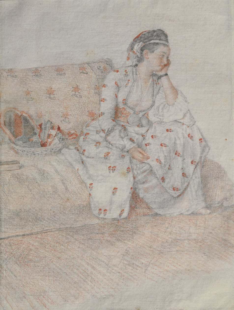 A condessa de Coventry em traje turco (giz vermelho e lápis sobre papel) de Jean Étienne Liotard