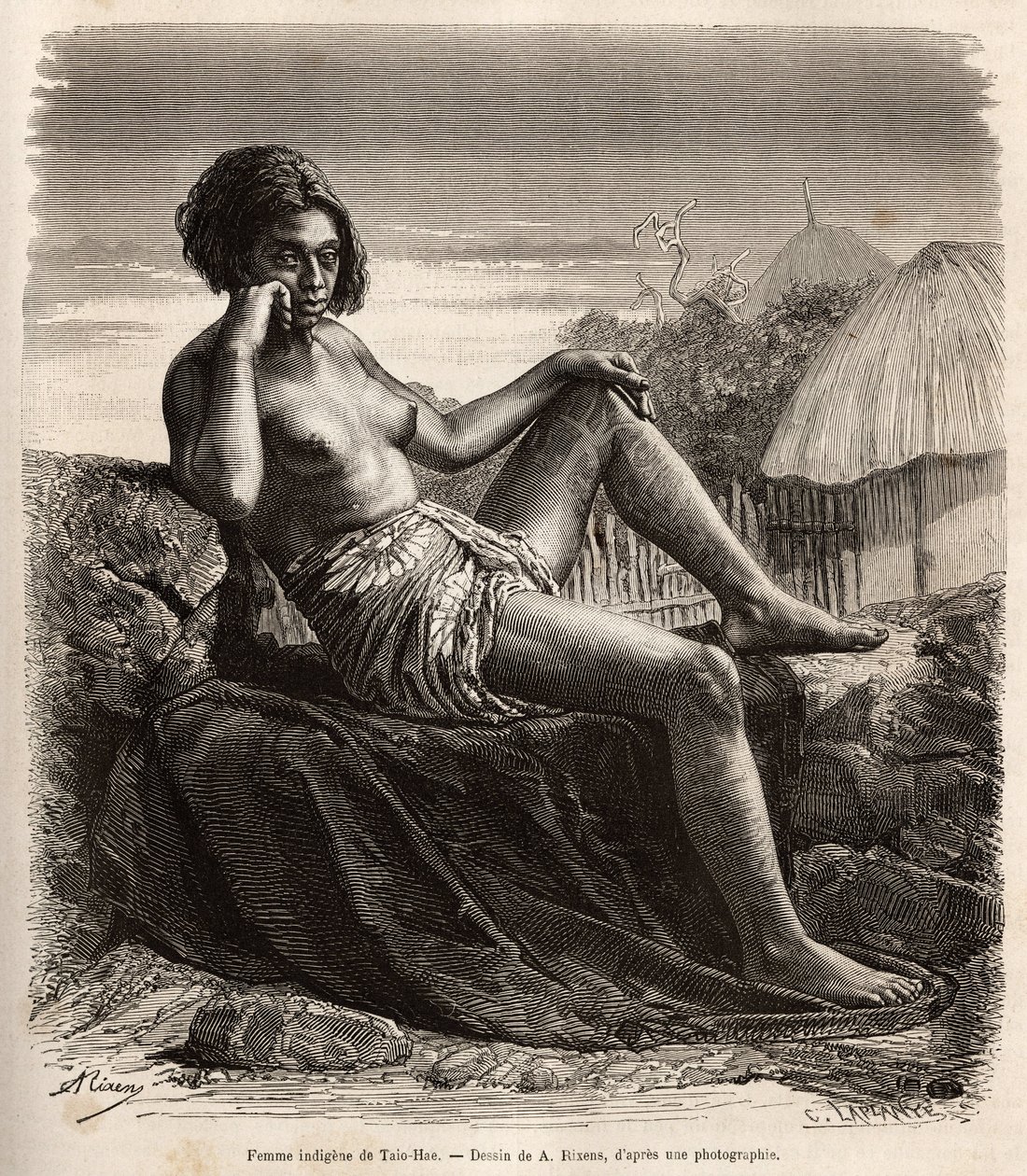 Mulher nativa de Taio-Hae (ou Taio Hae), no arquipélago dos Marqueses, mostrando as suas pernas tatuadas, gravada após um desenho de A.Rixens ilustrando as memórias do Pacífico, em 1872-1874, por A.Pailhes, um cartaz de navio, publicado em "Le t de Jean Andre Rixens