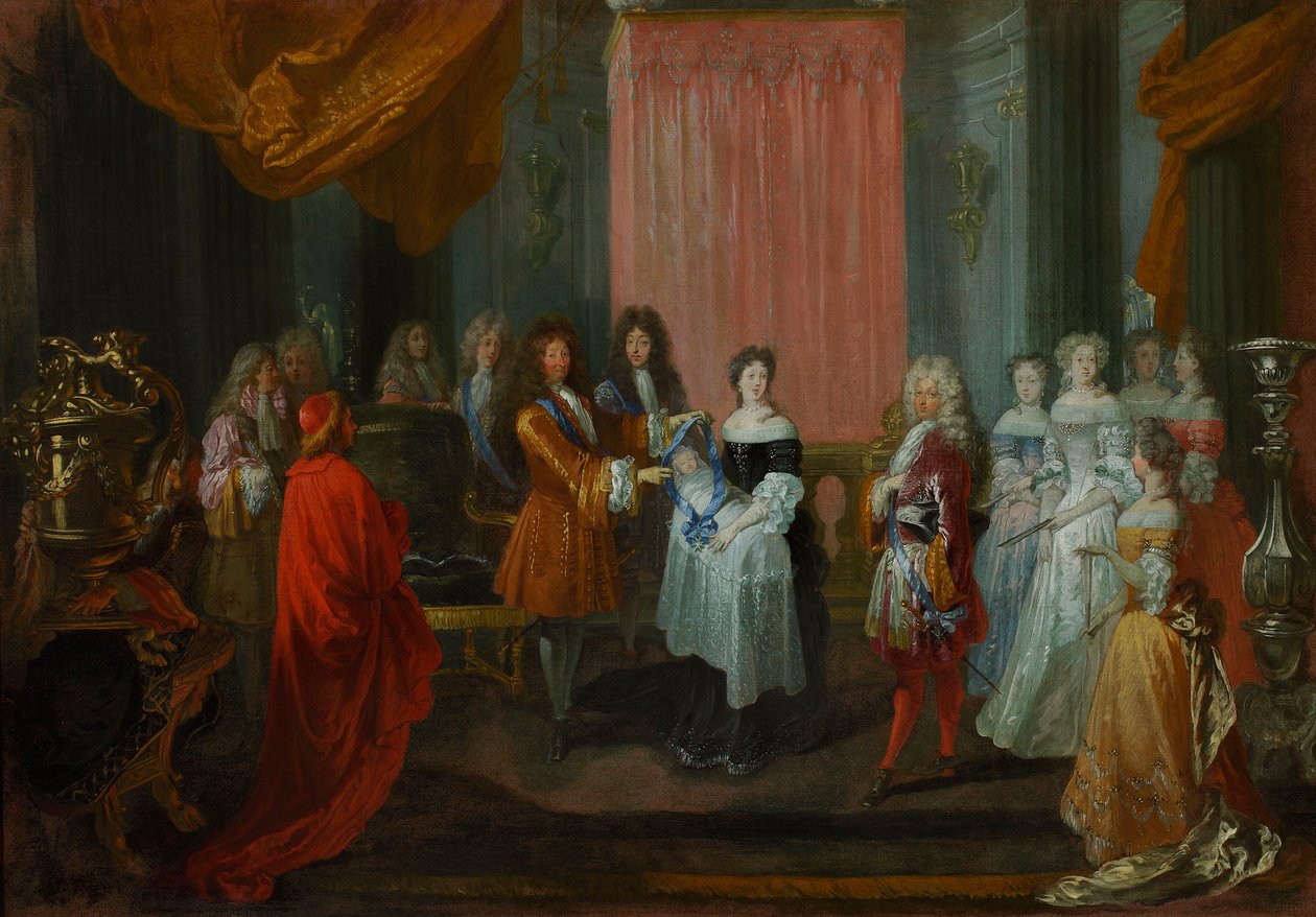 Luís XIV condecora com a Ordem do Cordon Bleu o príncipe da Borgonha, pai do futuro Luís XV. de Jean-Antoine Watteau