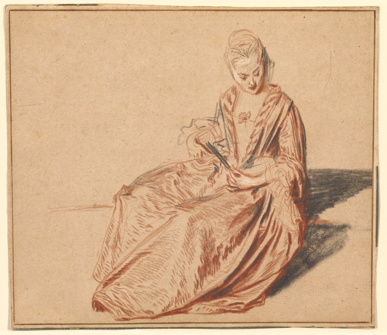 Mulher sentada com um leque de Jean-Antoine Watteau