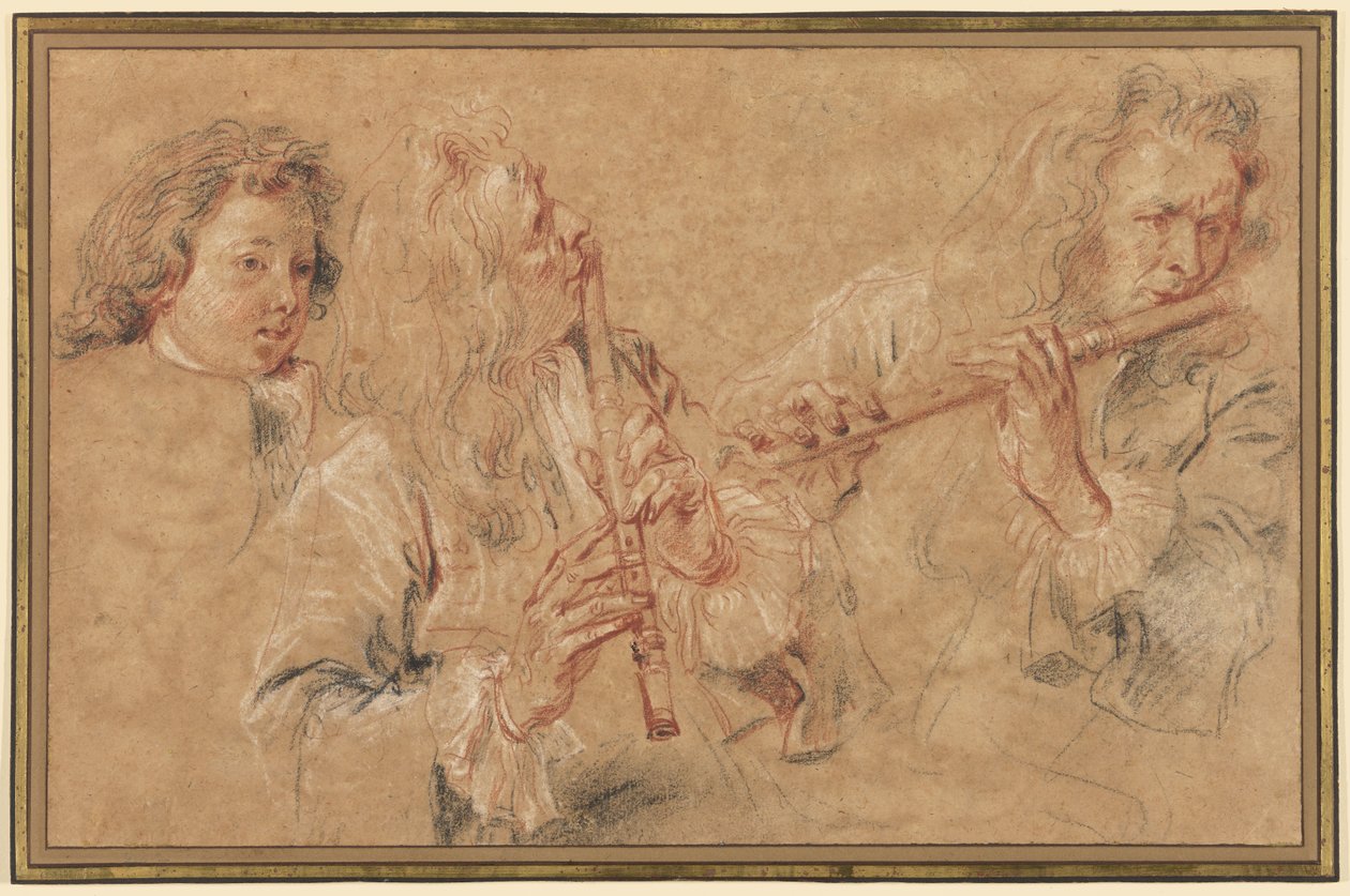 Dois estudos de um flautista e um estudo da cabeça de um rapaz de Jean-Antoine Watteau