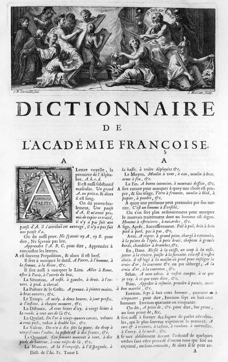 Frontispício do dicionário da Academia Francesa, gravado por Jean Mariette (1660-1742) de Jean Baptiste Corneille