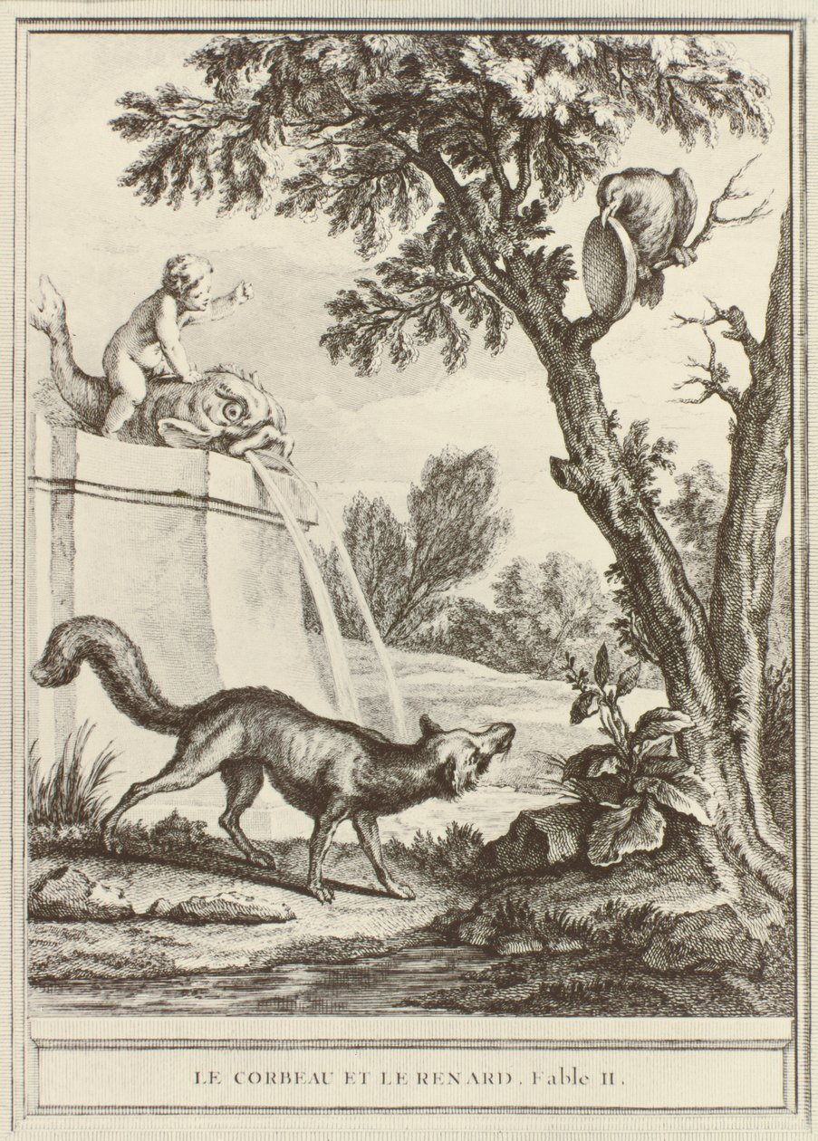 A Raposa e o Corvo, de &39;Fables Choisis, mises en vers&39; de Jean de la Fontaine, gravada por Charles Nicolas Cochin, publicada em 1755-1759 de Jean Baptiste Oudry