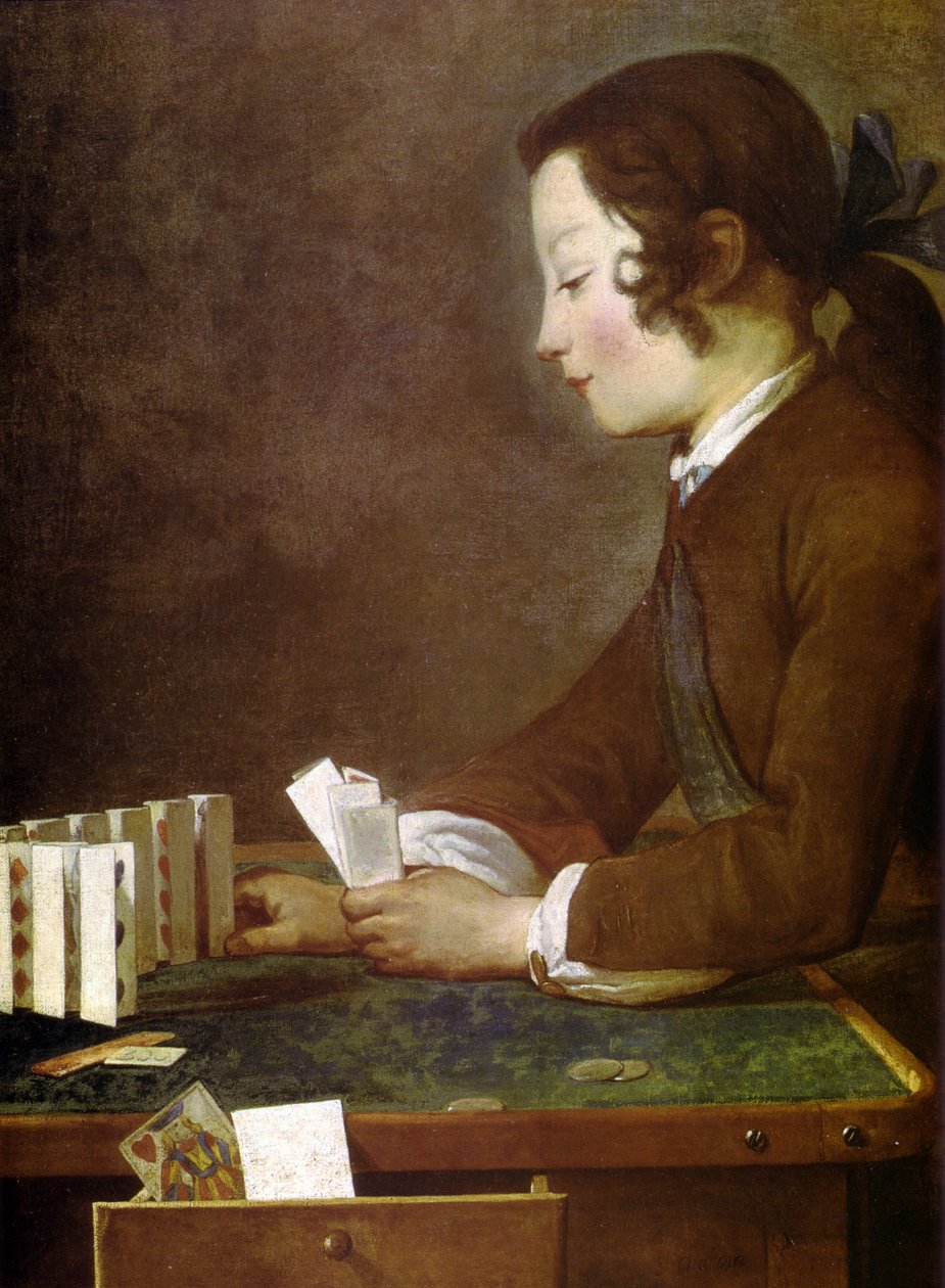 Menino, tocando, com, cartões de Jean Baptiste Simeon Chardin