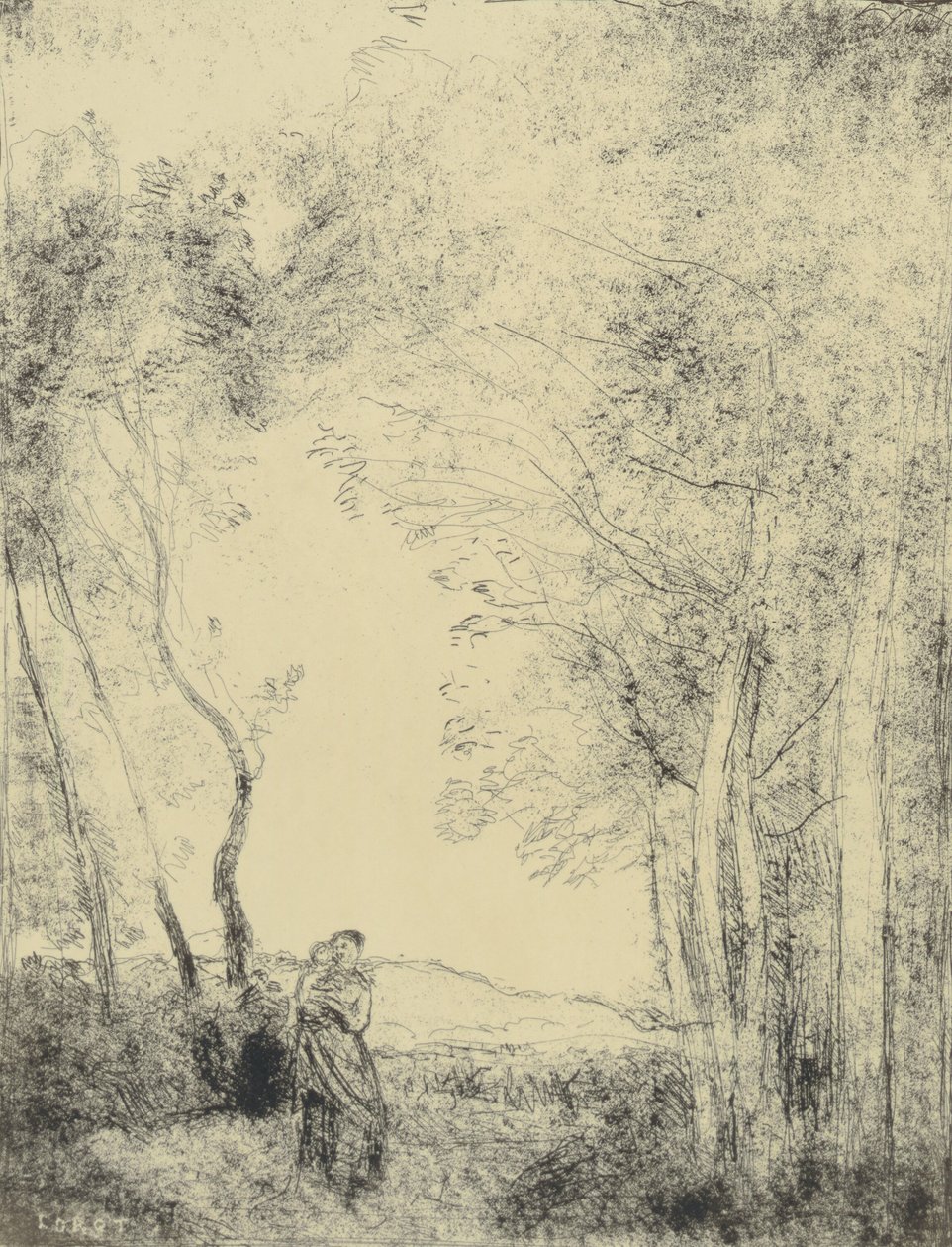 Jovem mãe à entrada de um bosque de Jean-Baptiste-Camille Corot
