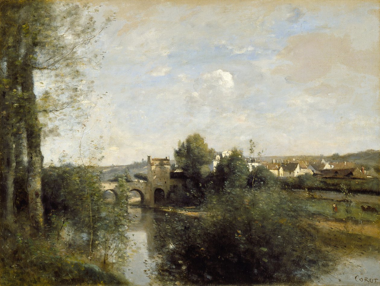 Sena e a Ponte Velha em Limay de Jean-Baptiste-Camille Corot