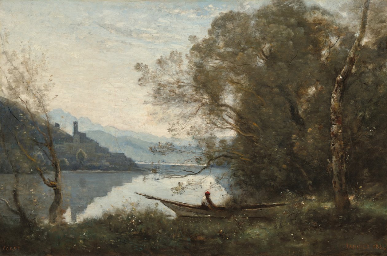 O barqueiro amarrado: recordação de um lago italiano de Jean-Baptiste-Camille Corot