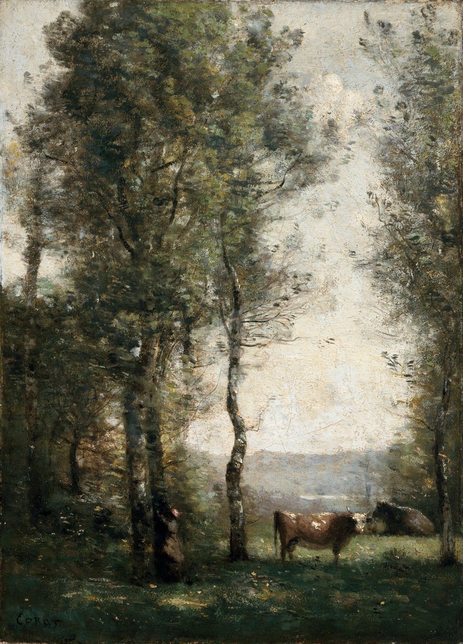 Paisagem arborizada com vacas em uma clareira de Jean-Baptiste-Camille Corot