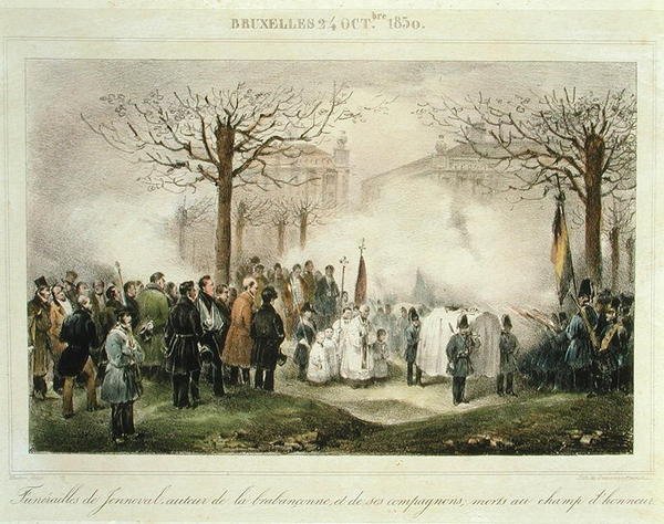 O Funeral de Louis-Alexandre Dechet (Jenneval) (1801-30) e seus companheiros que morreram no campo de honra, 24 de outubro de 1830, gravado por Dewasme-Pletinckx de Jean Baptiste (after) Madou