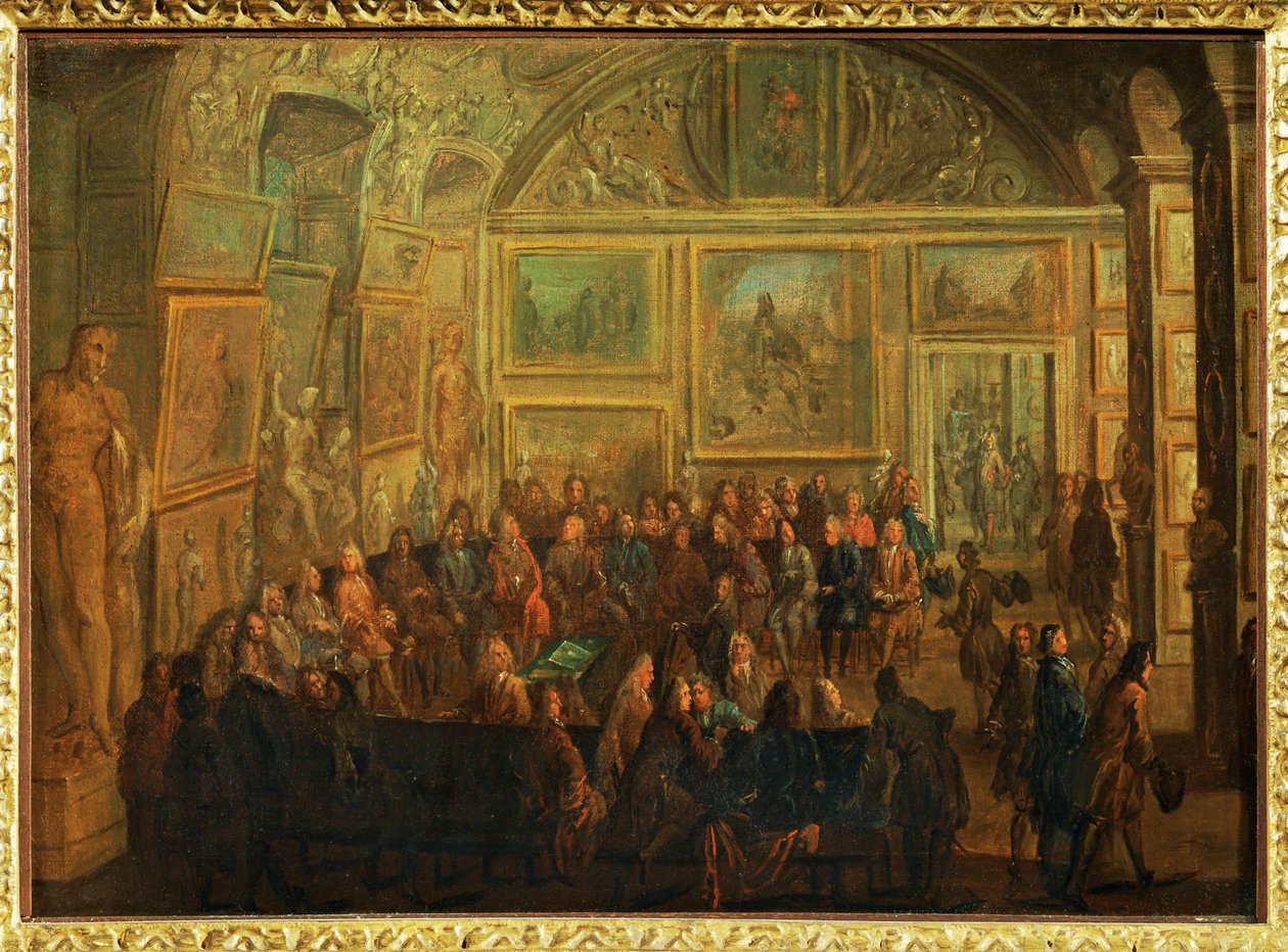 Vista do Salão de Diane no Louvre; uma sessão da Academia de Pintura ... de Jean Baptiste (after) Martin